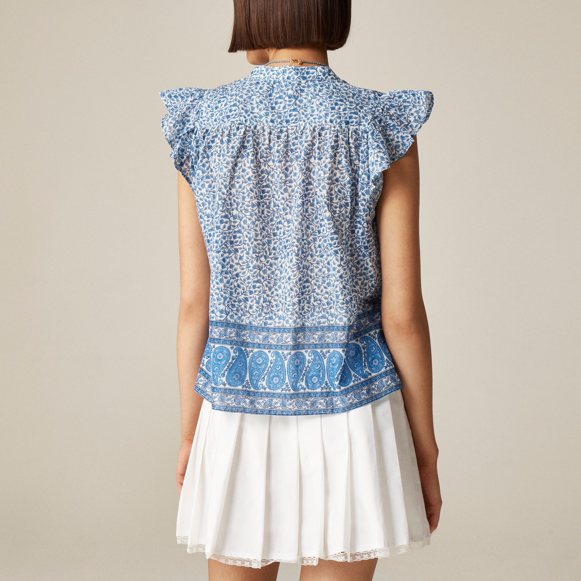 Flutter-sleeve button-up shirt in block-print cotton voile