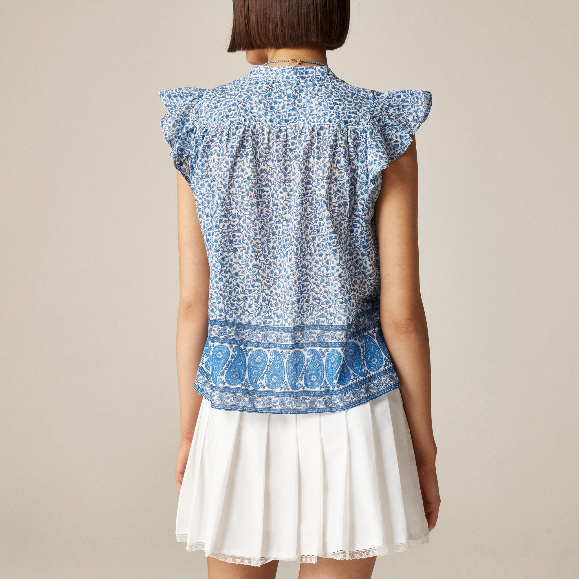 Flutter-sleeve button-up shirt in bandana block print