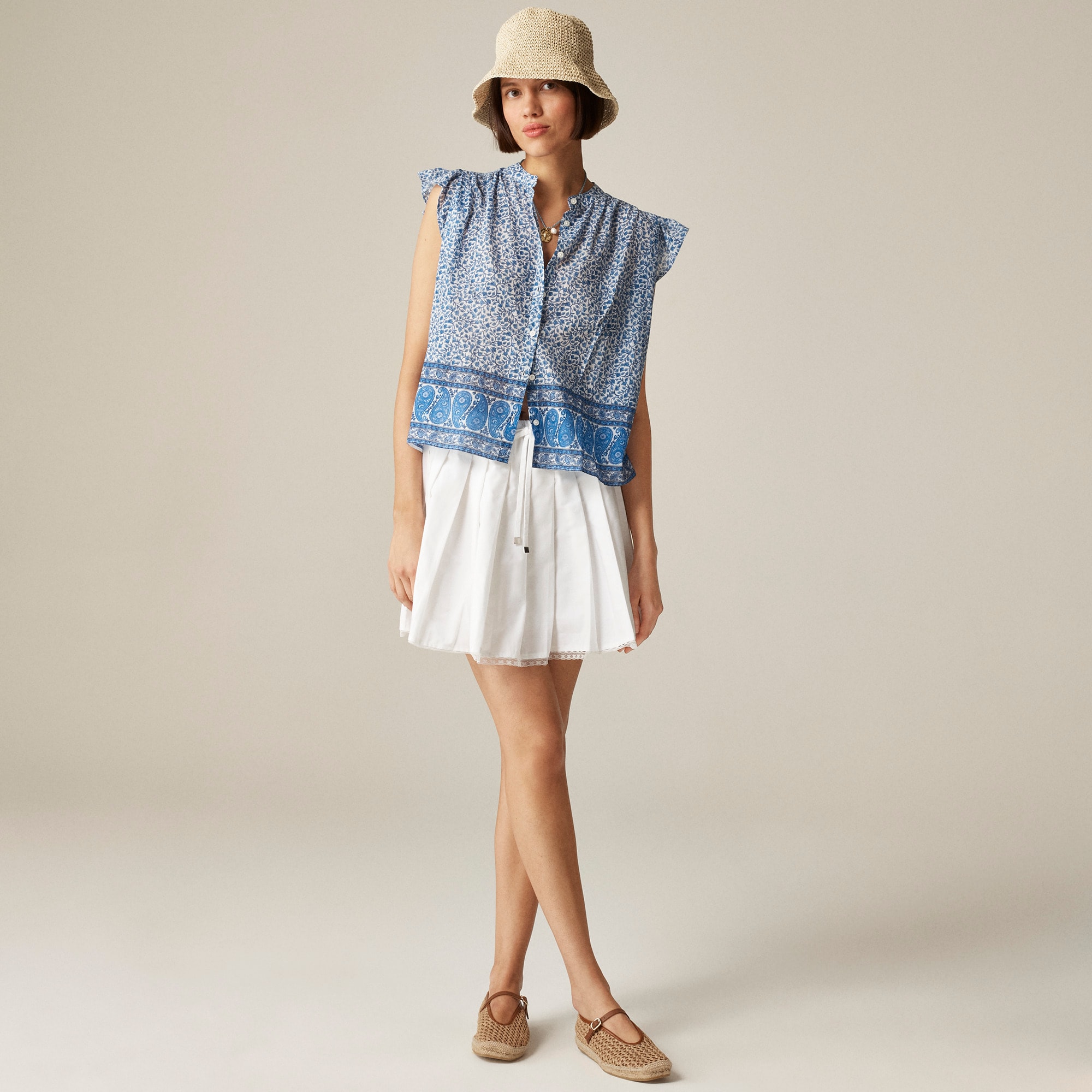 womens Flutter-sleeve button-up shirt in block-print cotton voile