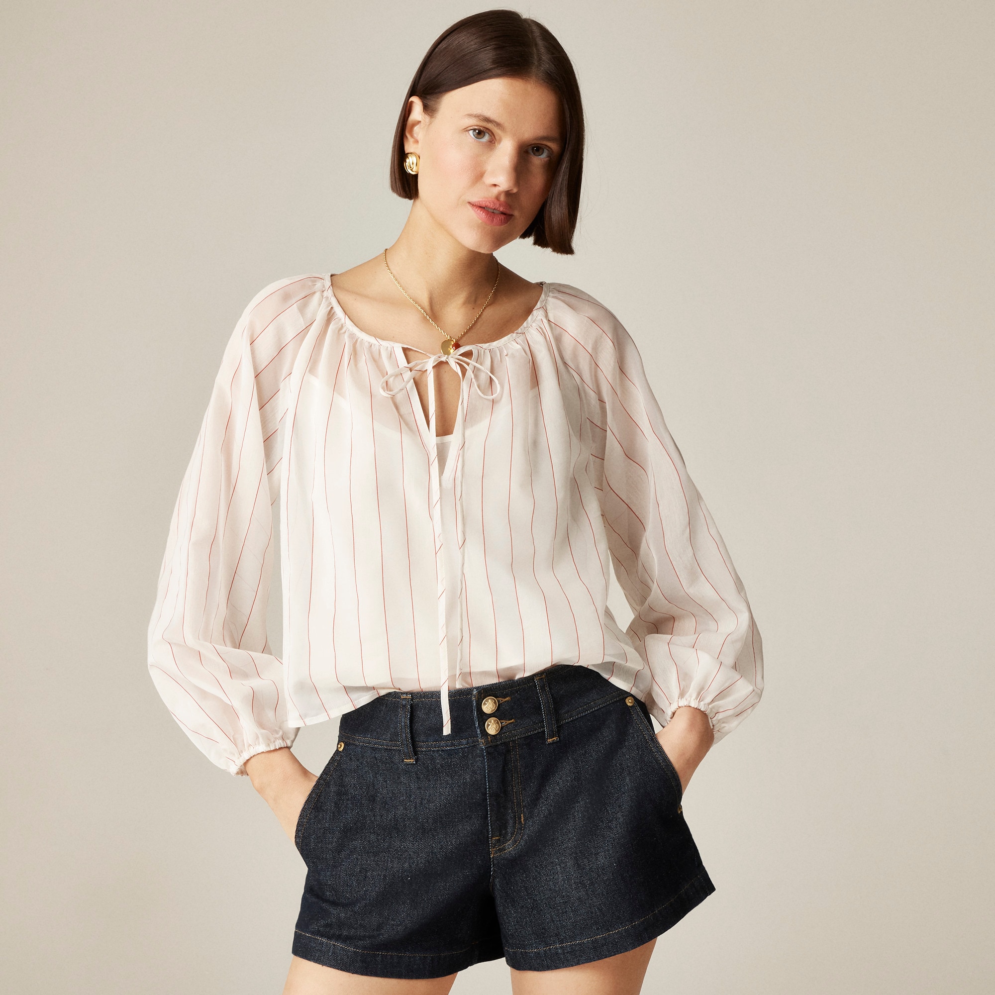 womens Tie-front popover top in dobby satin