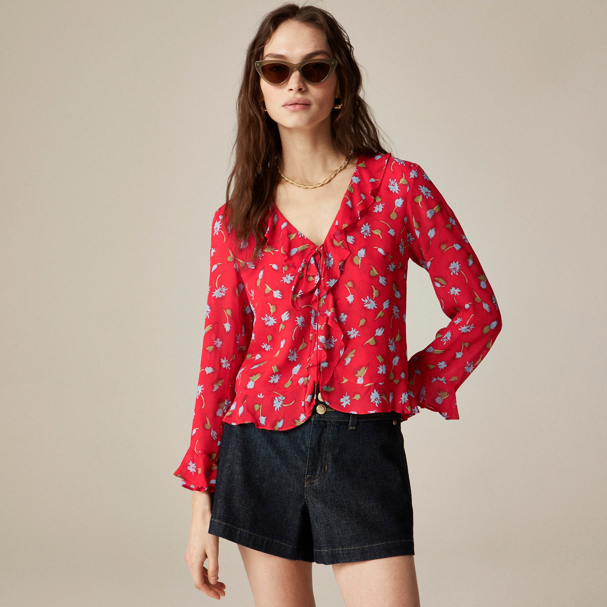Ruffle tie-front top in chiffon