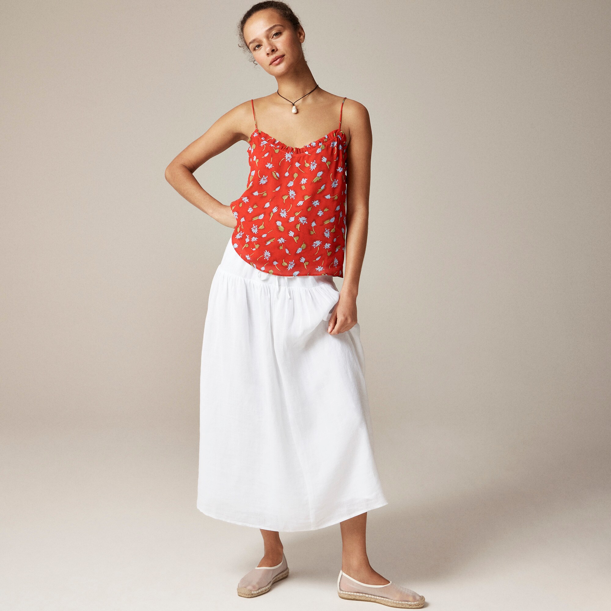 Ruffle-trim camisole in brushed daisy-print chiffon