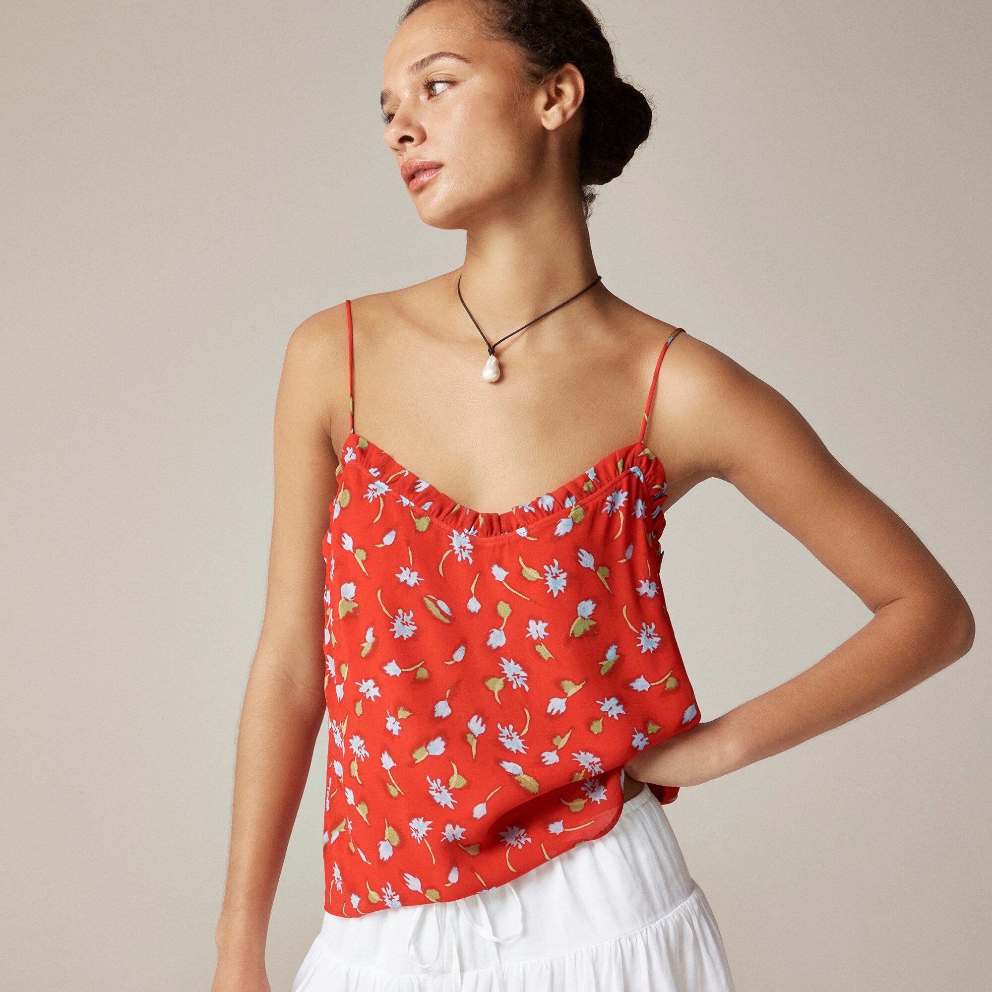 Ruffle-trim Camisole In Brushed Daisy-print Chiffon For