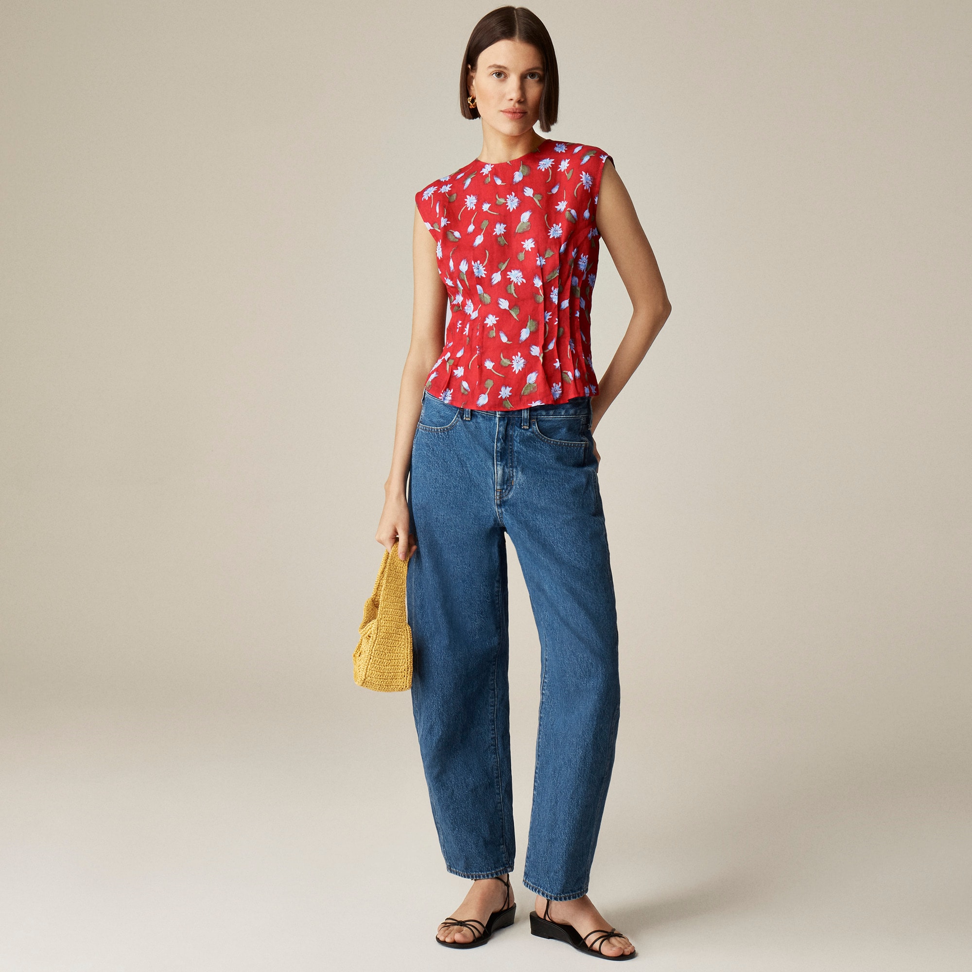womens Pintuck shell top in brushed daisy-print ramie