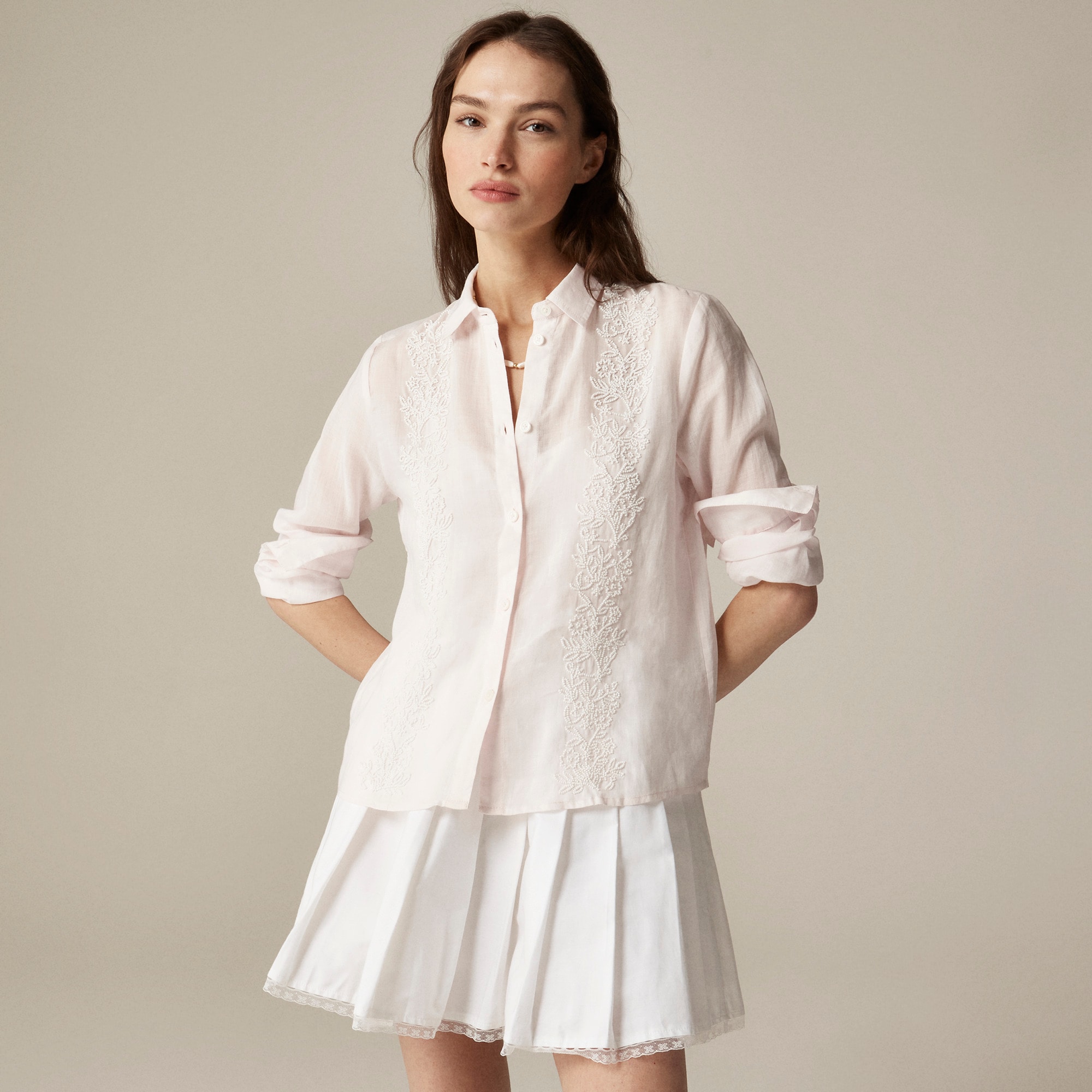 womens Collection beaded button-up shirt in ramie