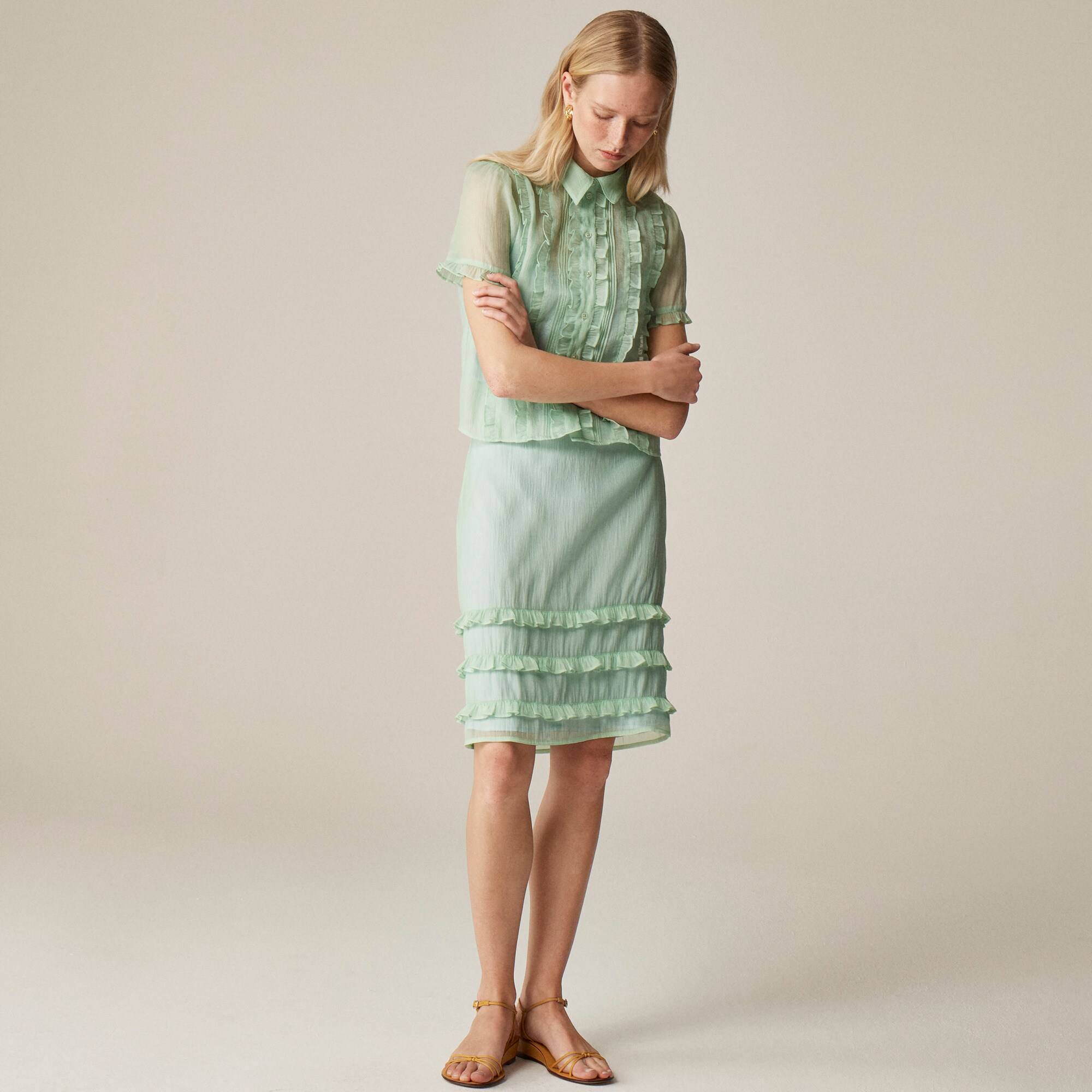 Sheer ruffle-trim button-up top