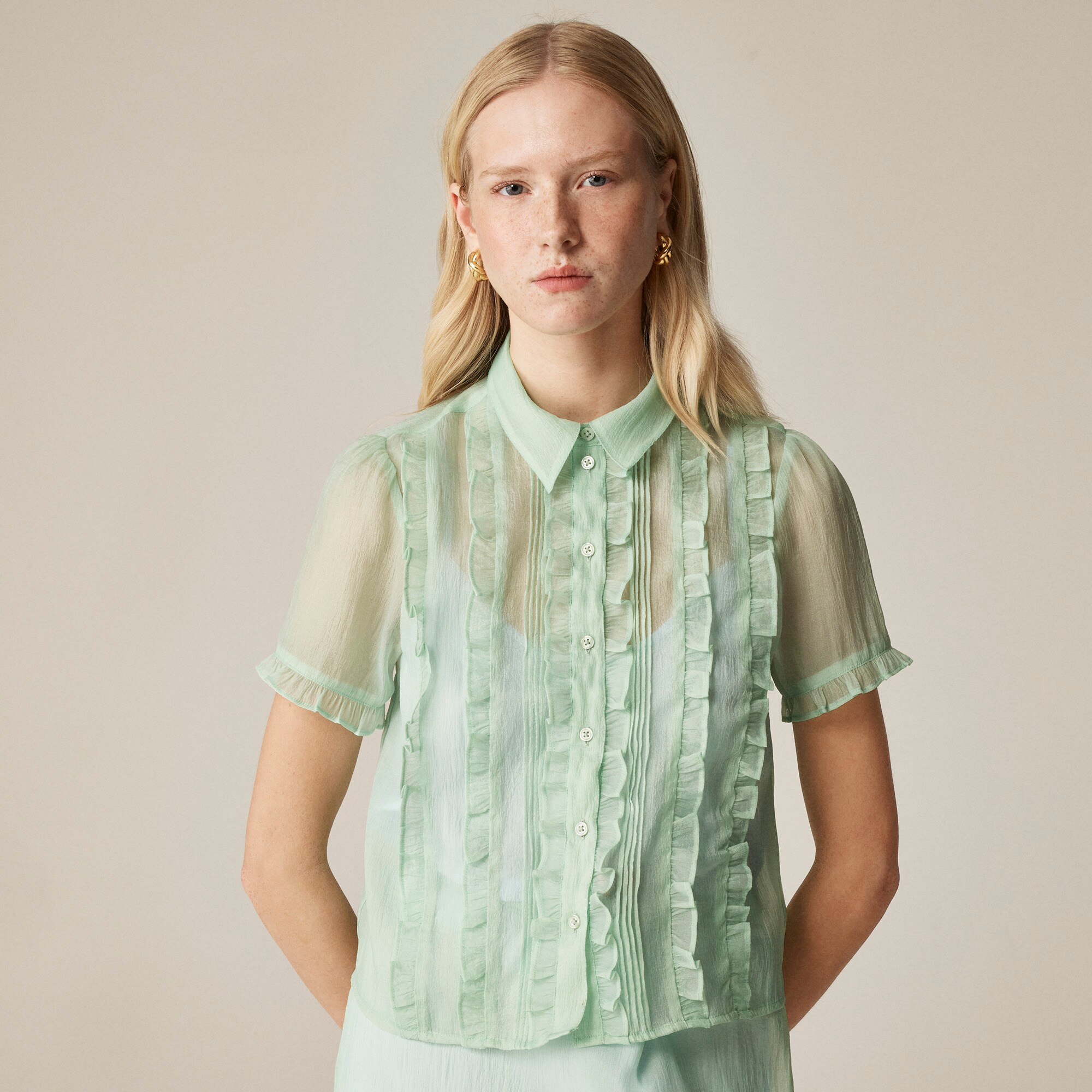  Sheer ruffle-trim button-up top