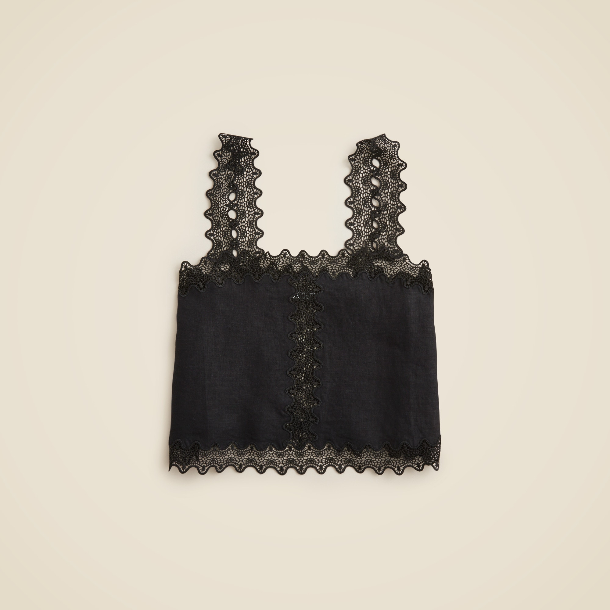Lace-trim squareneck tank top in linen