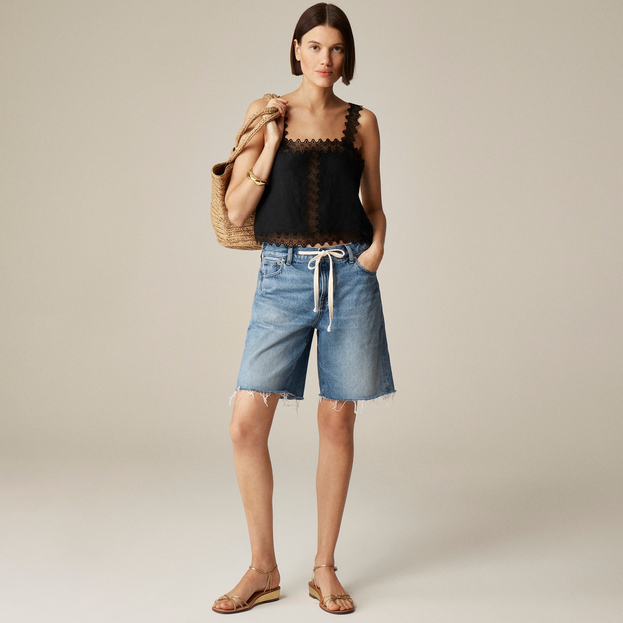 Lace-trim squareneck tank top in linen