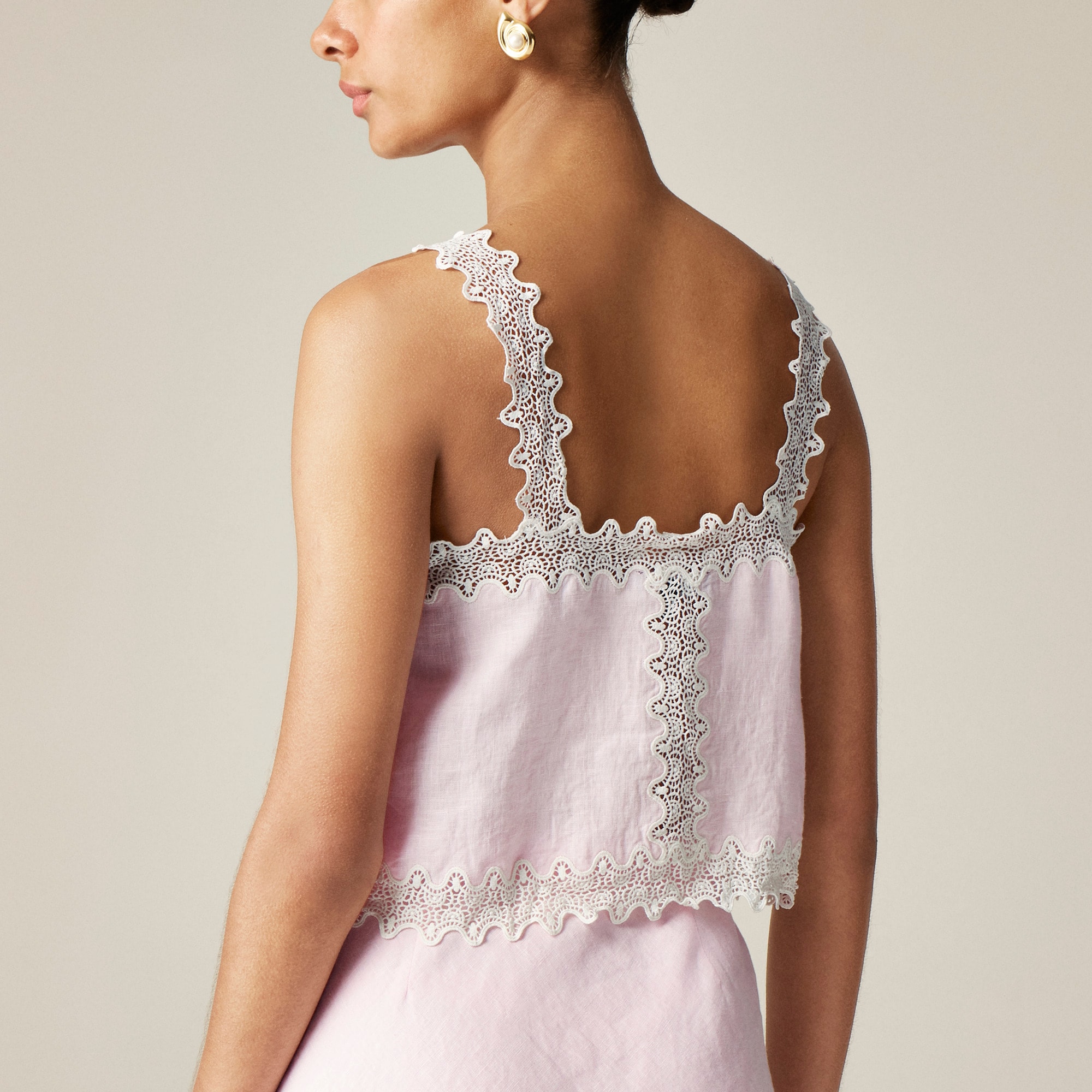 Lace-trim squareneck tank top in linen