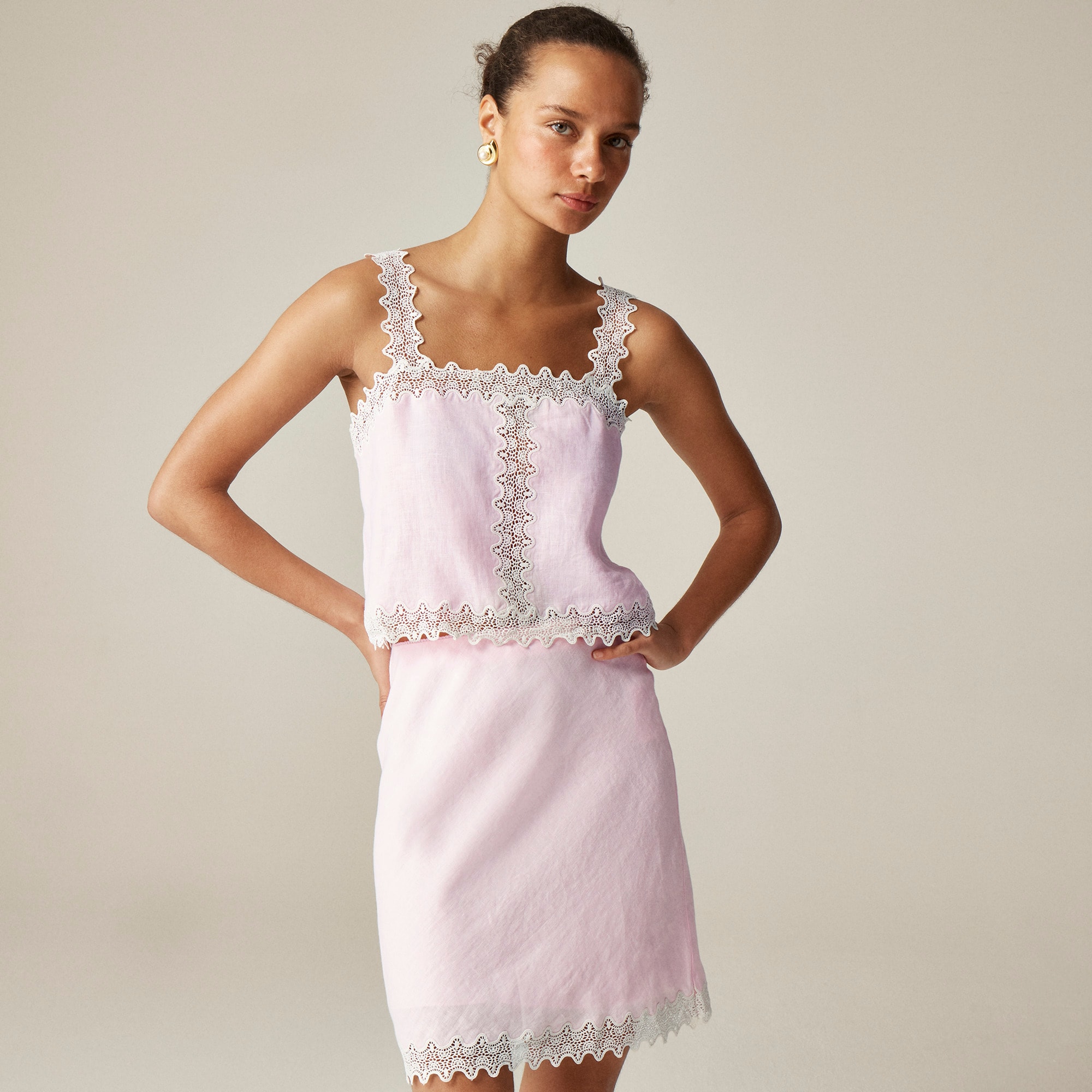 womens Lace-trim squareneck tank top in linen