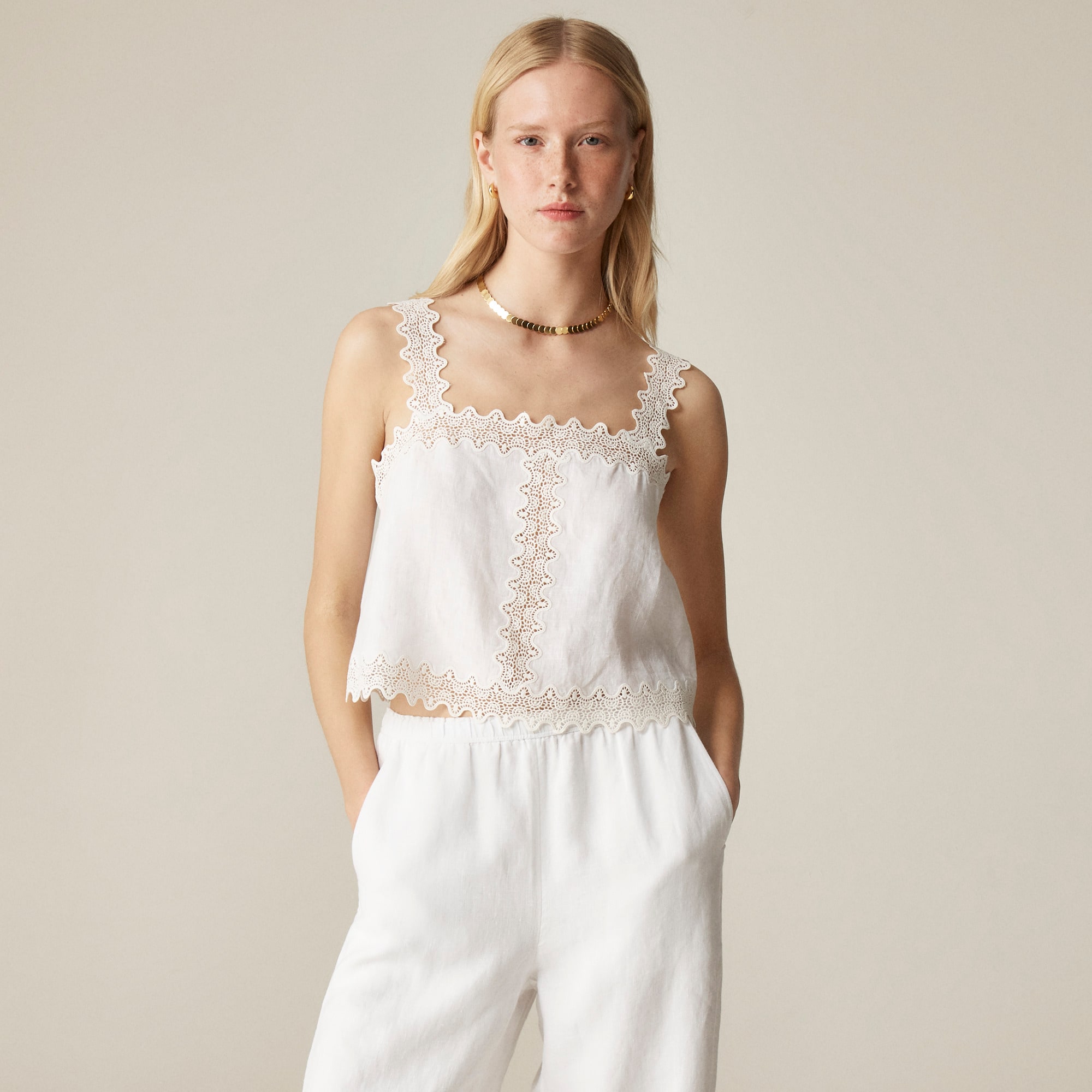 Lace-trim squareneck tank top in linen