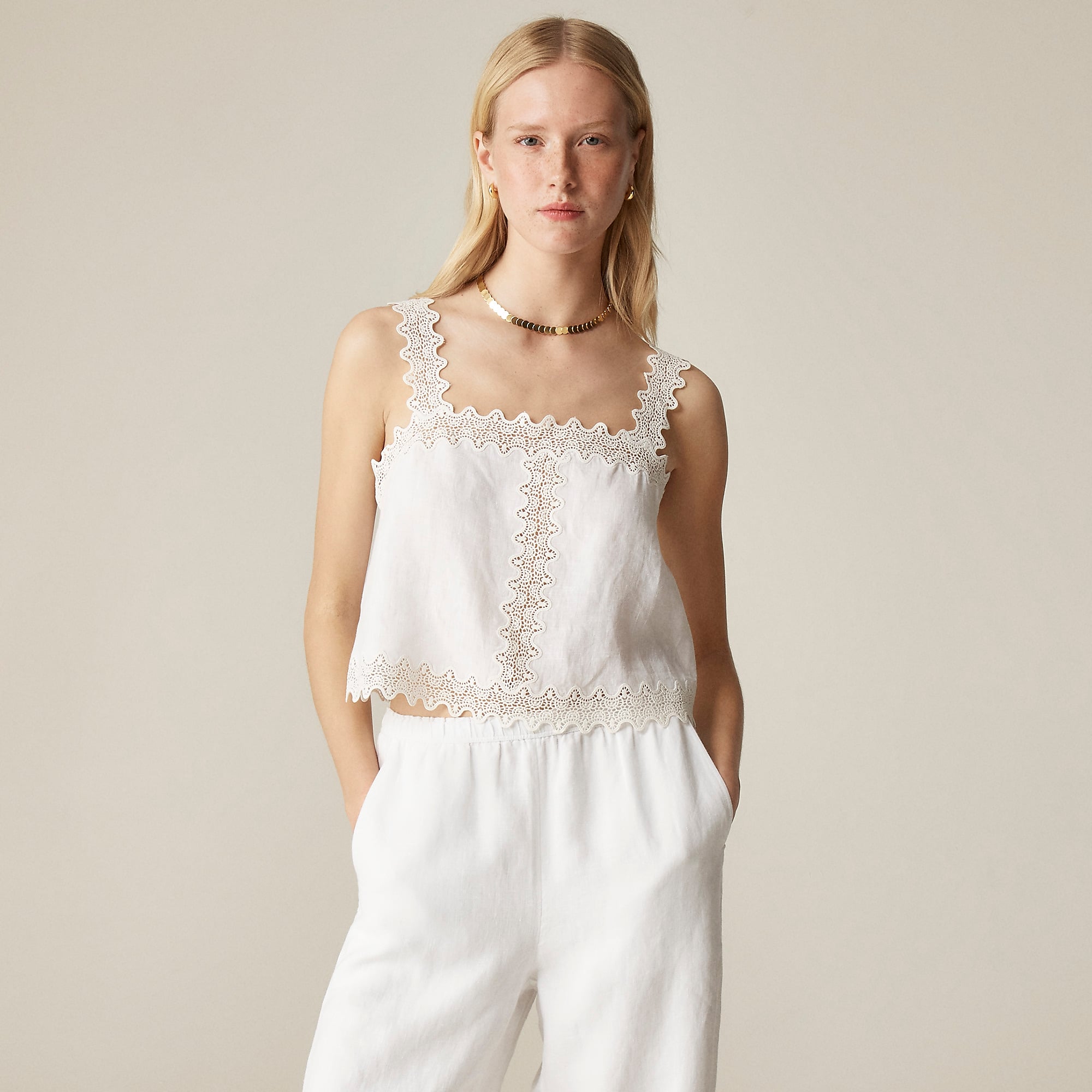 Lace-trim squareneck tank top in linen