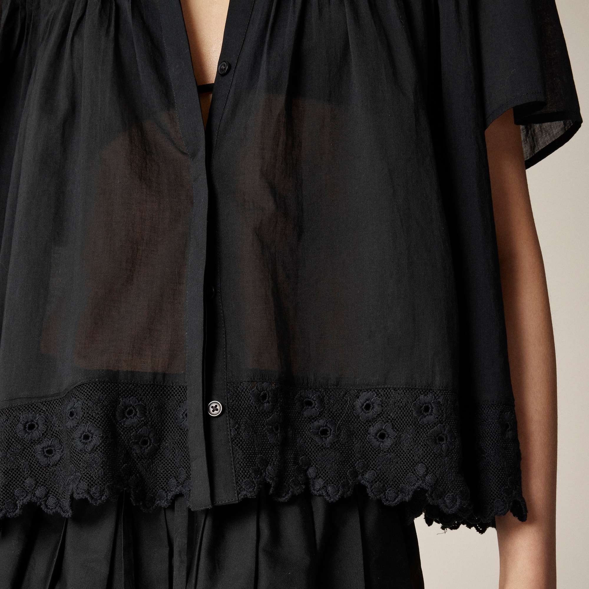 Lace-trim pintuck top in cotton voile
