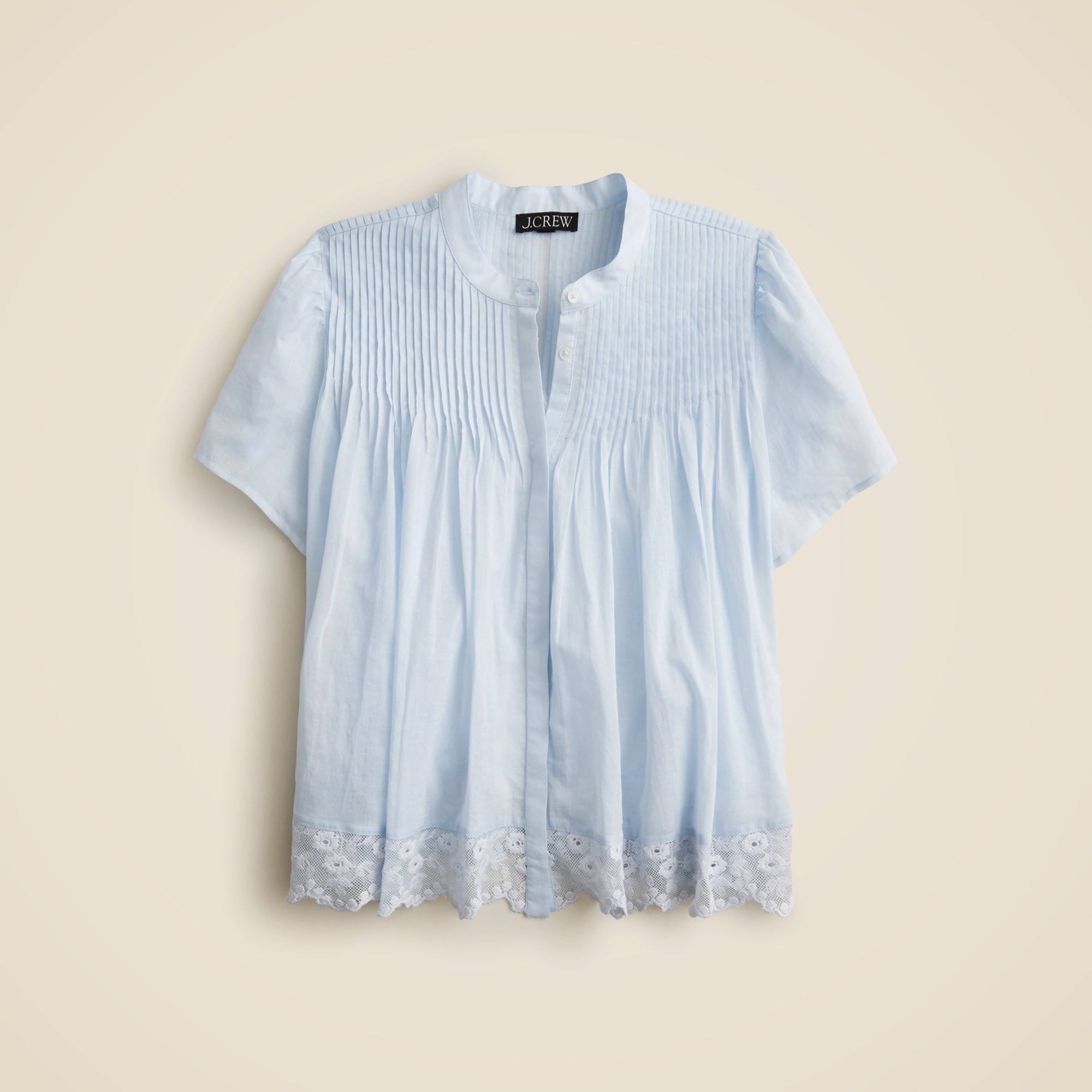 Lace-trim pintuck top in cotton voile