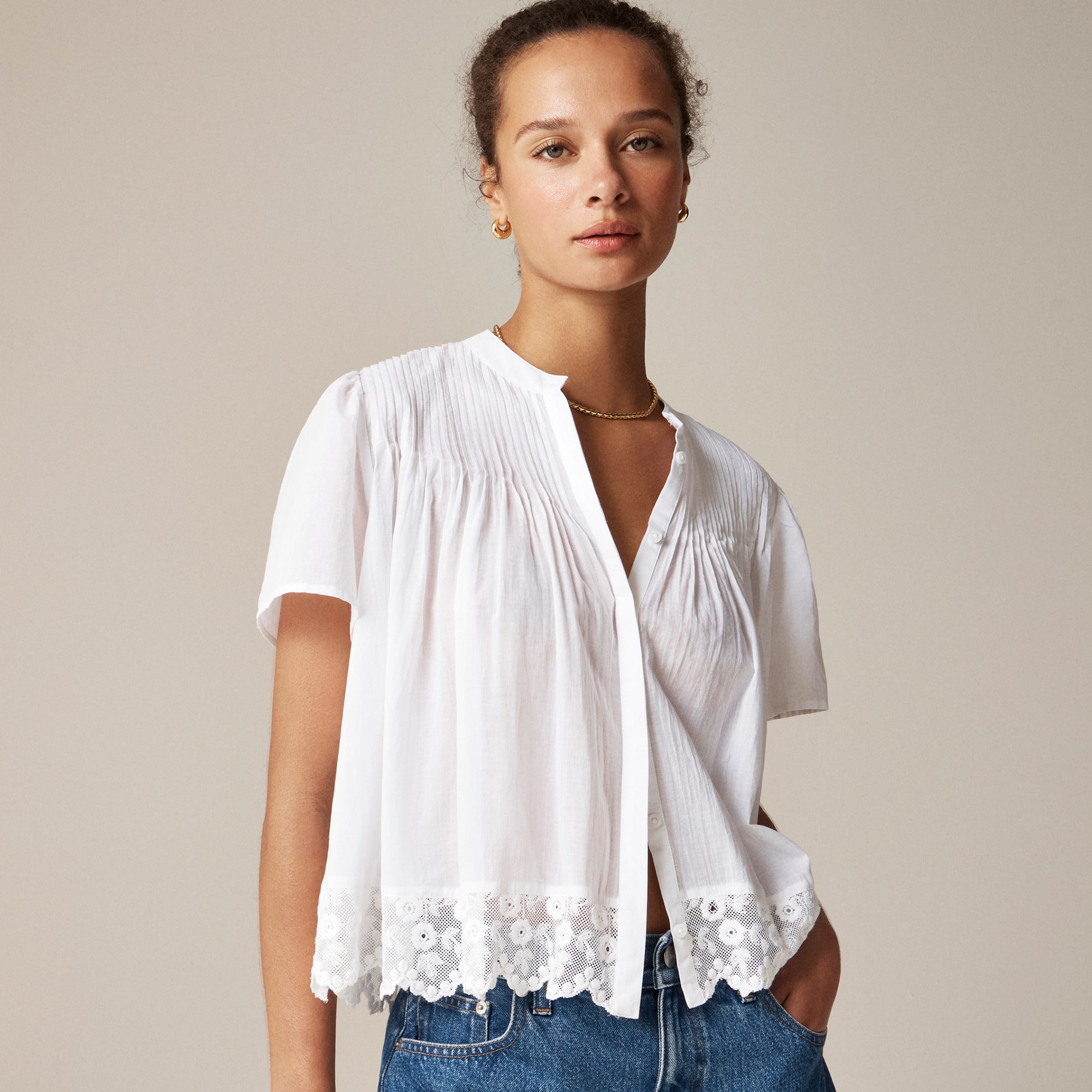 Lace-trim pintuck top in cotton voile