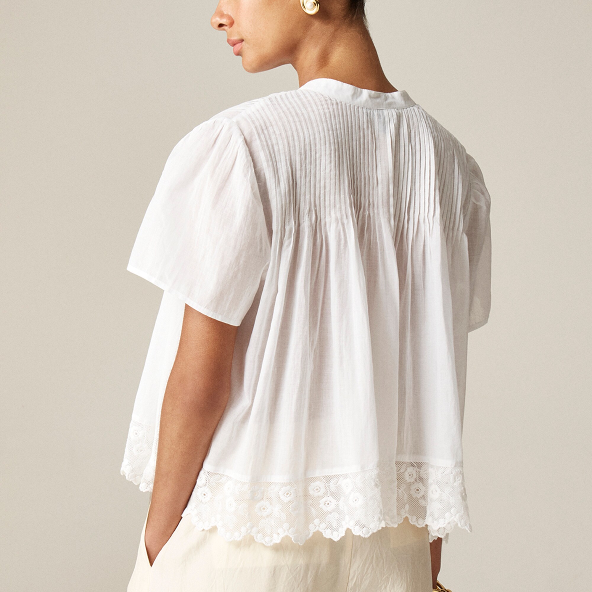 Lace-trim pintuck top in cotton voile
