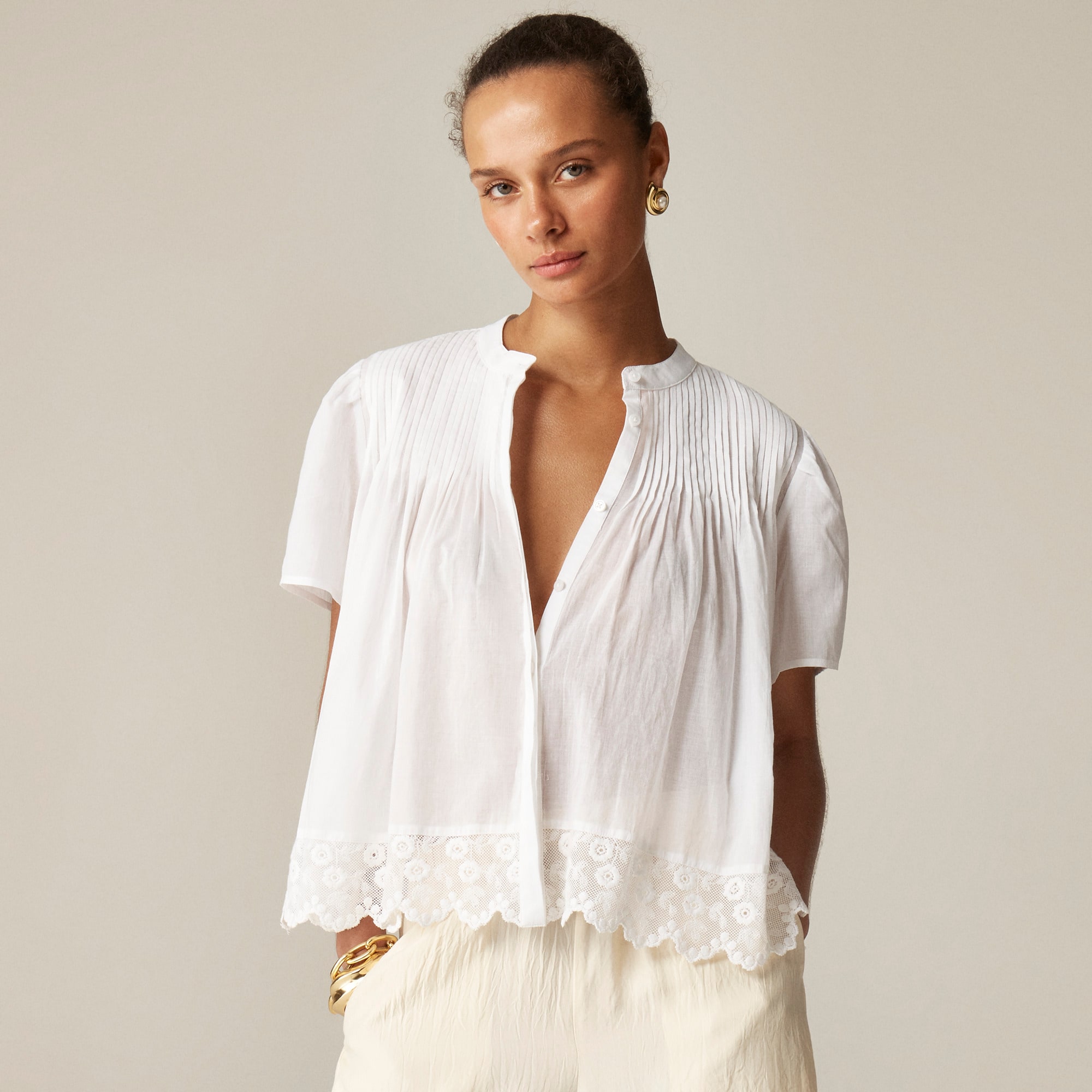 womens Lace-trim pintuck top in cotton voile