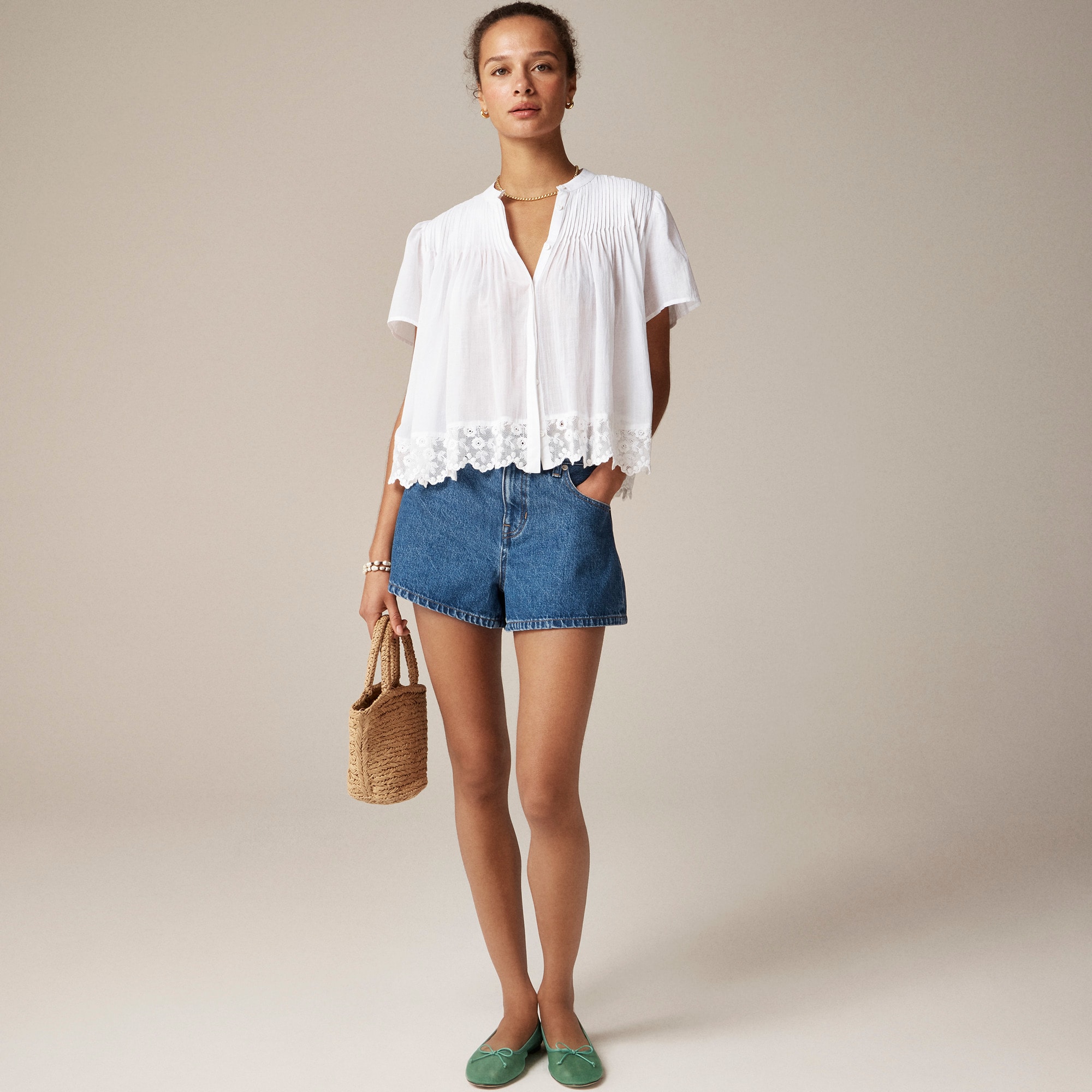 womens Lace-trim pintuck top in cotton voile