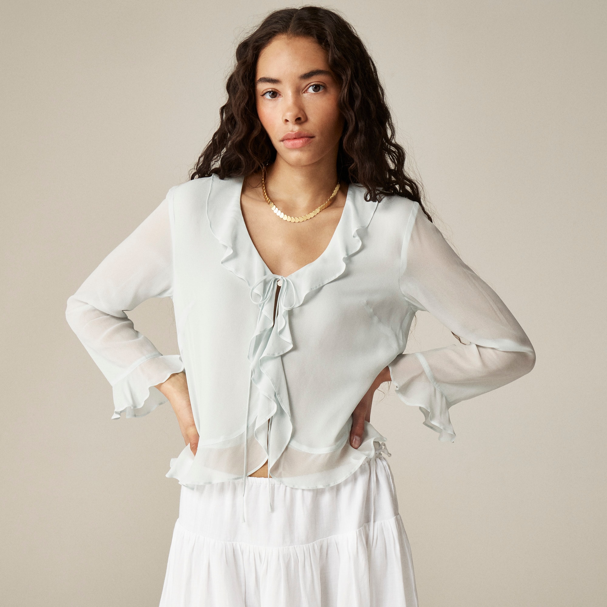 Ruffle tie-front top in chiffon