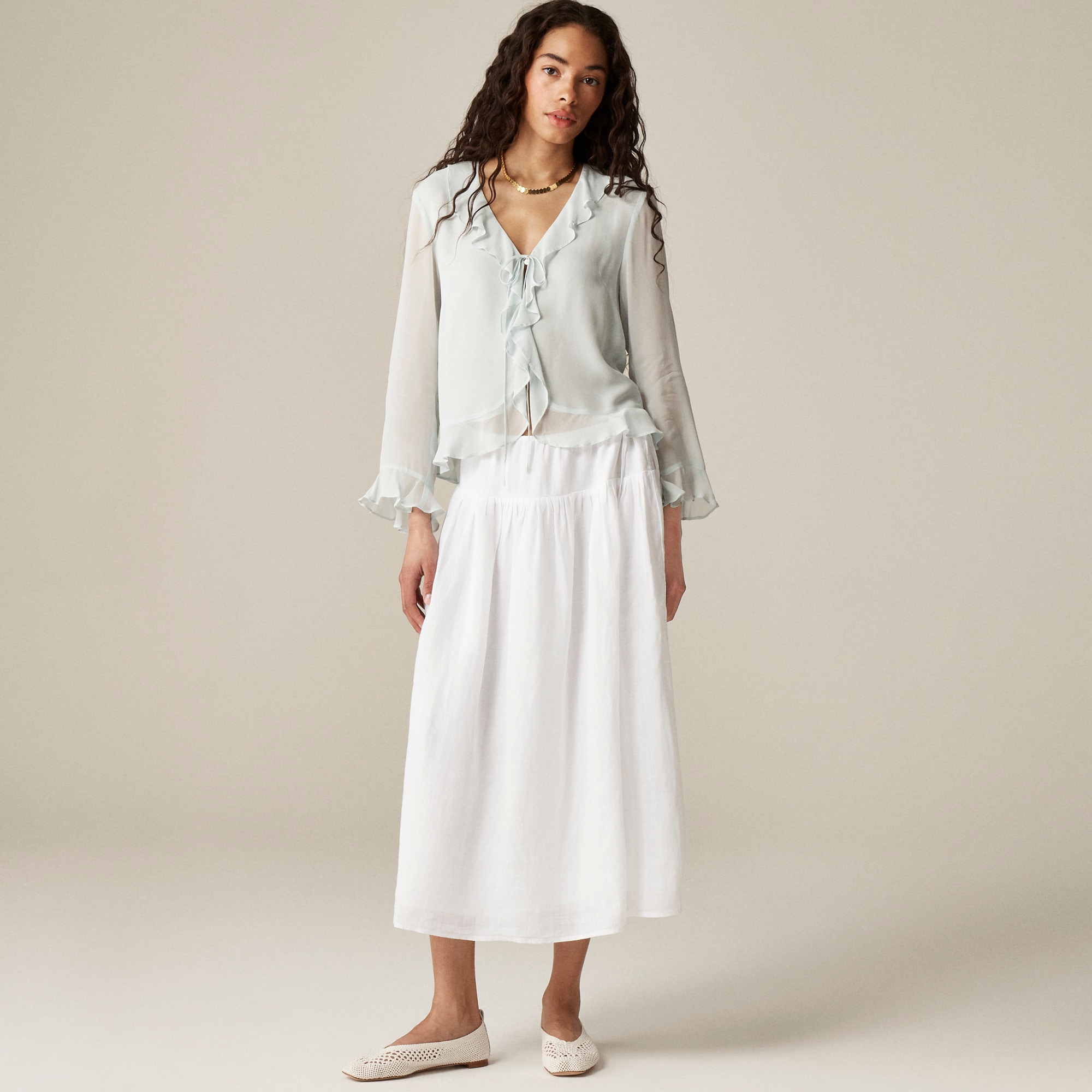 Ruffle tie-front top in chiffon