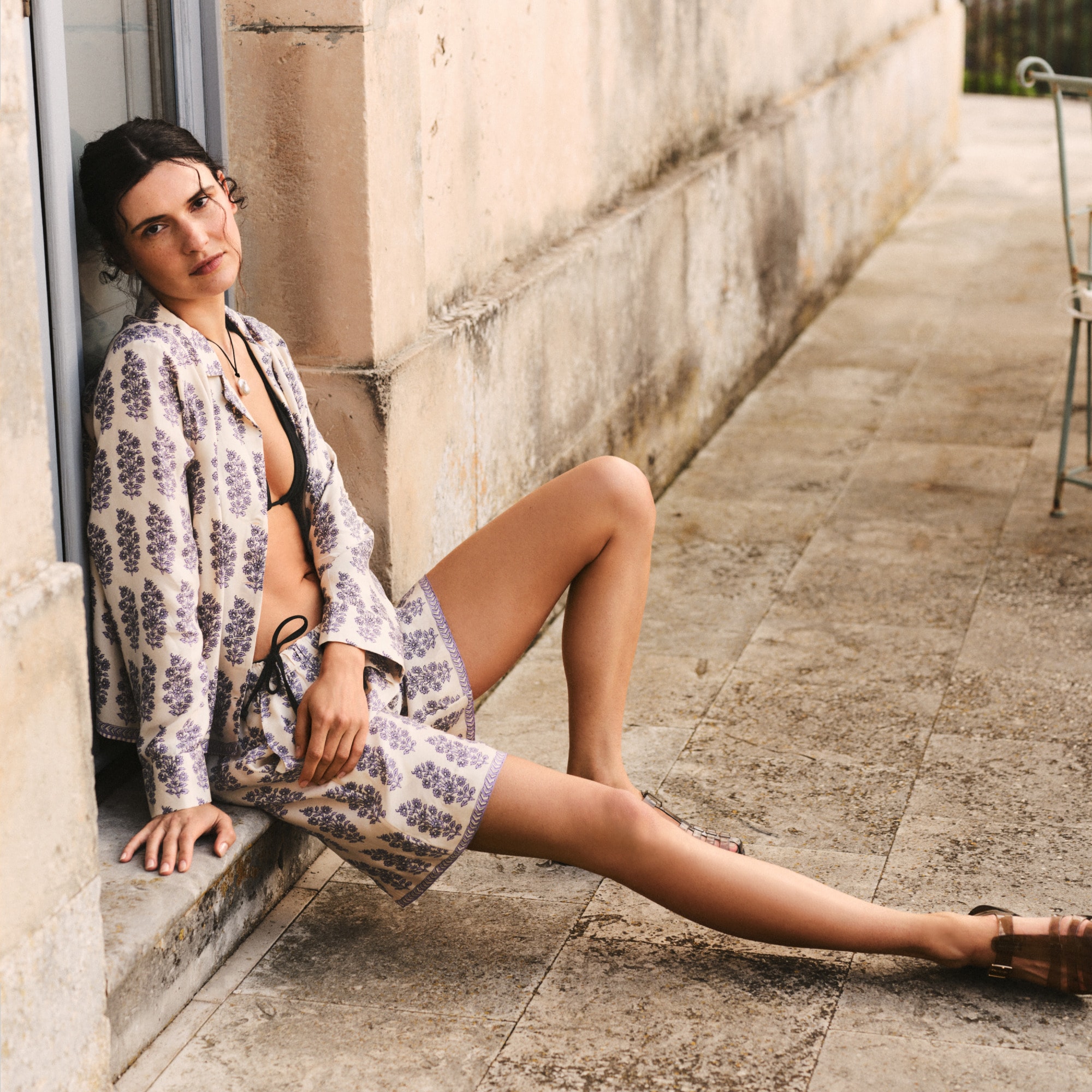 Camp-collar button-up shirt in blooming lilac block print