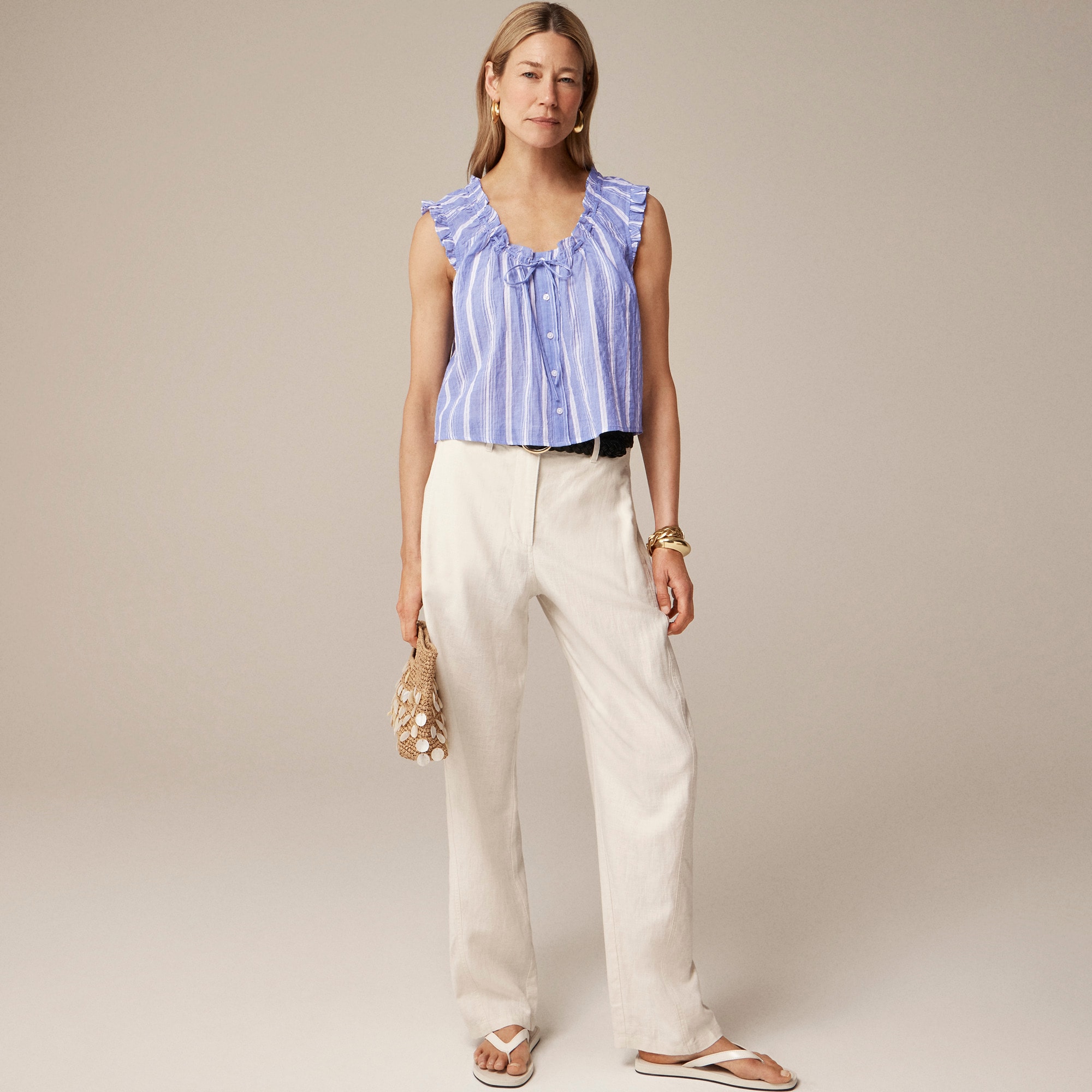 Ruffle-trim button-up top in stripe