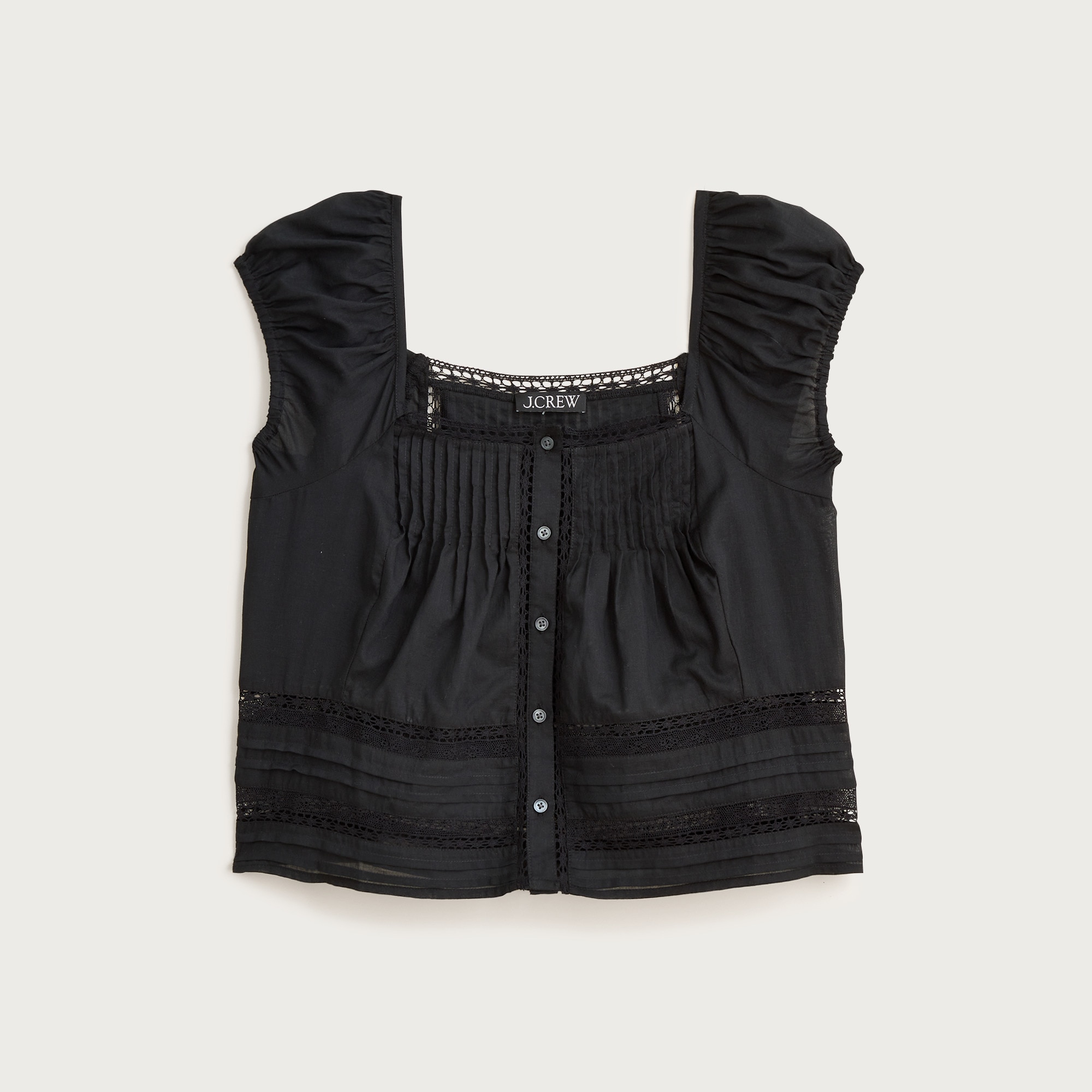 Cap-sleeve lace-trim top in cotton voile