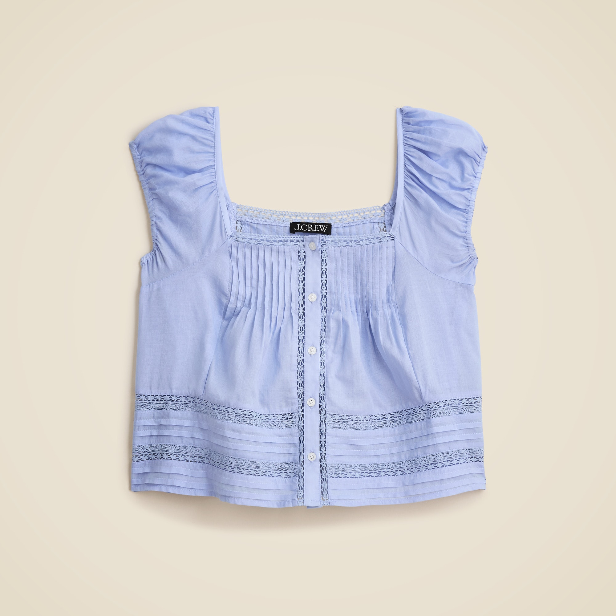 Cap-sleeve lace-trim top in cotton voile