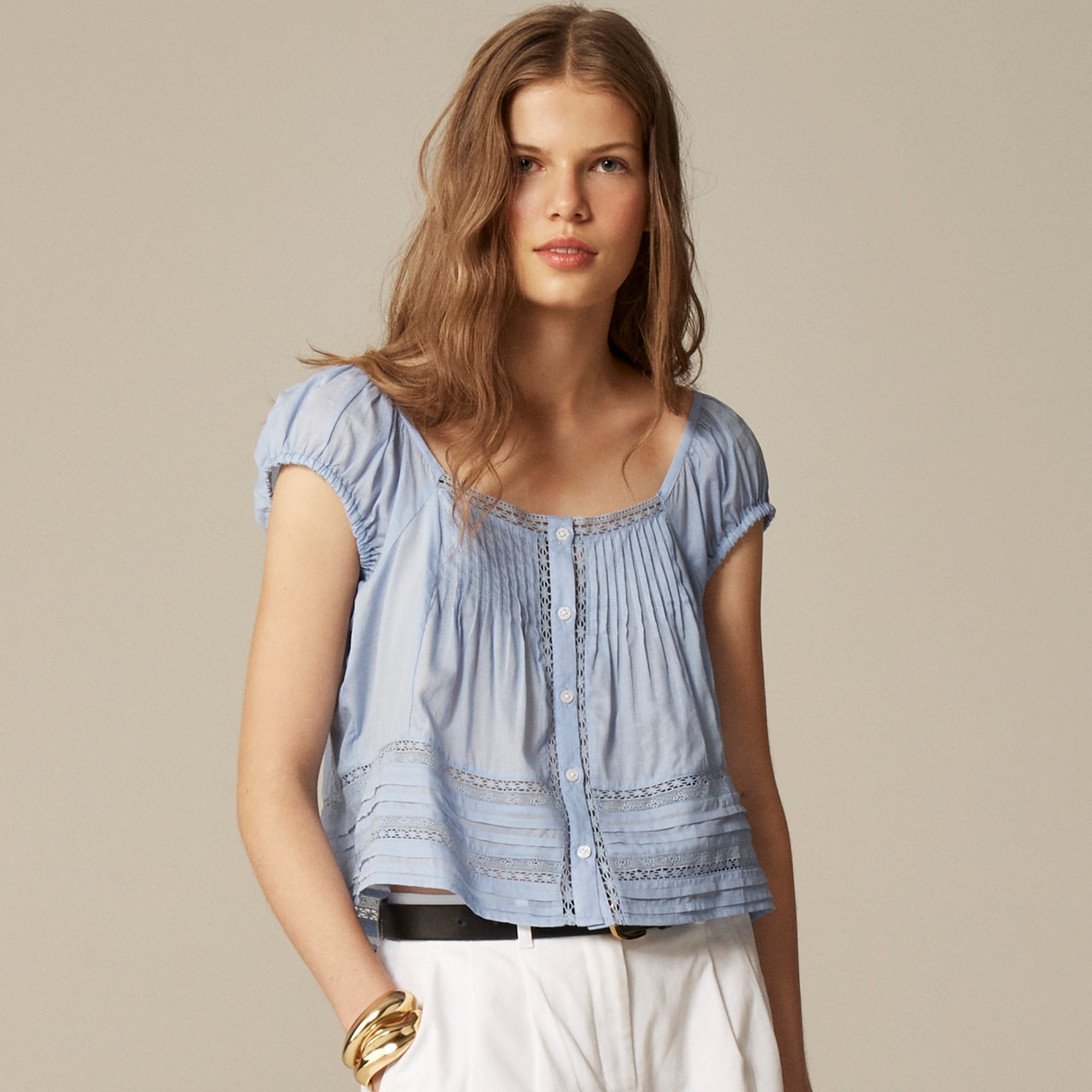  Cap-sleeve lace-trim top in cotton voile