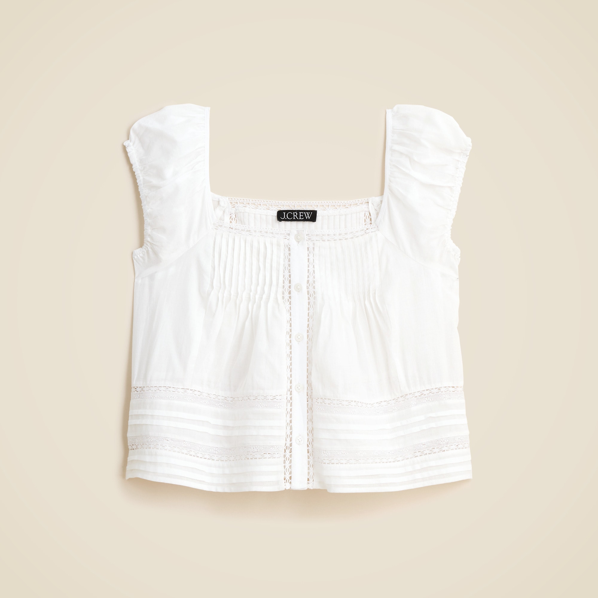 Cap-sleeve lace-trim top in cotton voile
