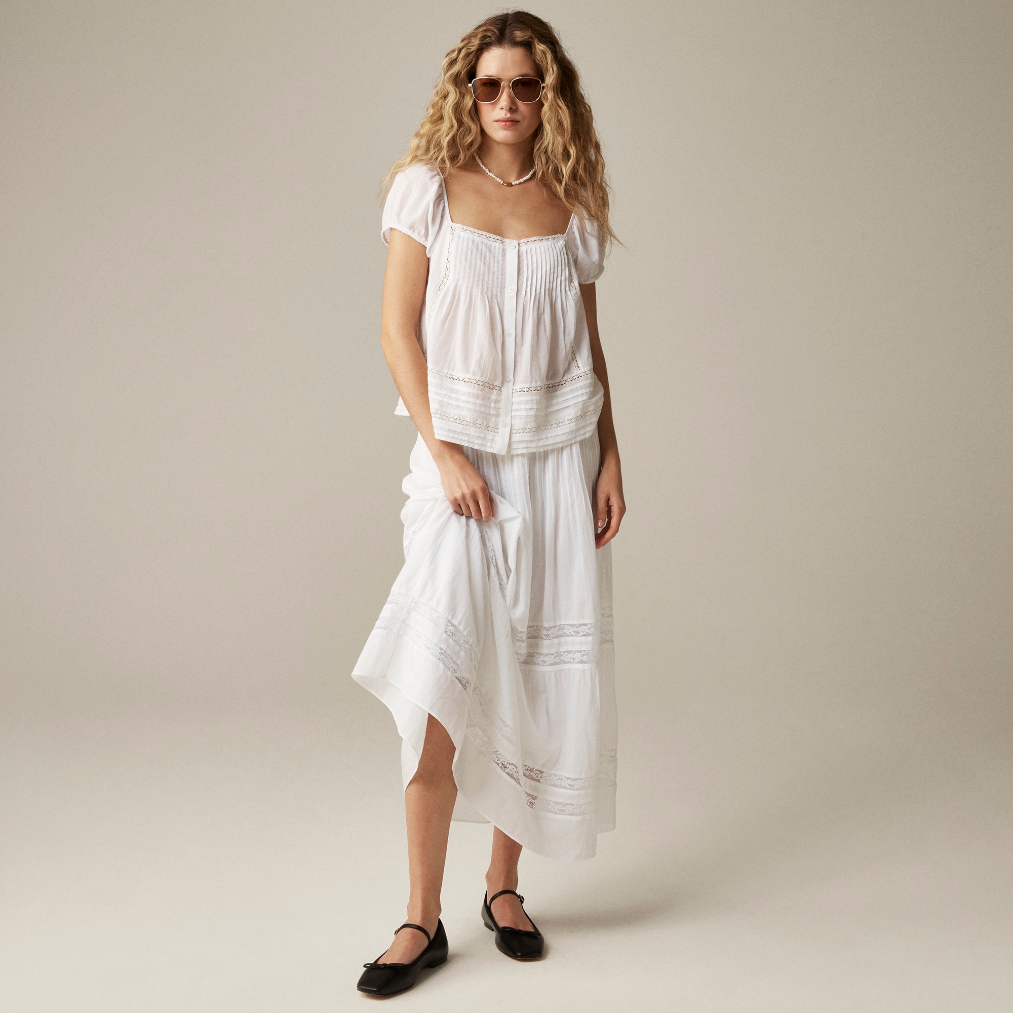 Cap-sleeve lace-trim top in cotton voile