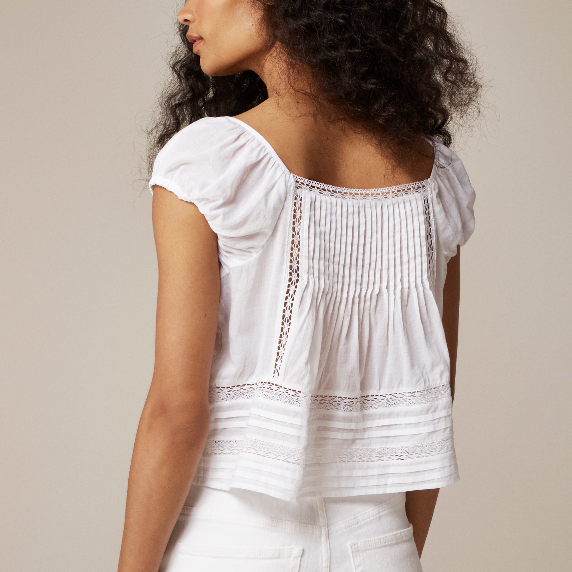 Cap-sleeve lace-trim top in cotton voile