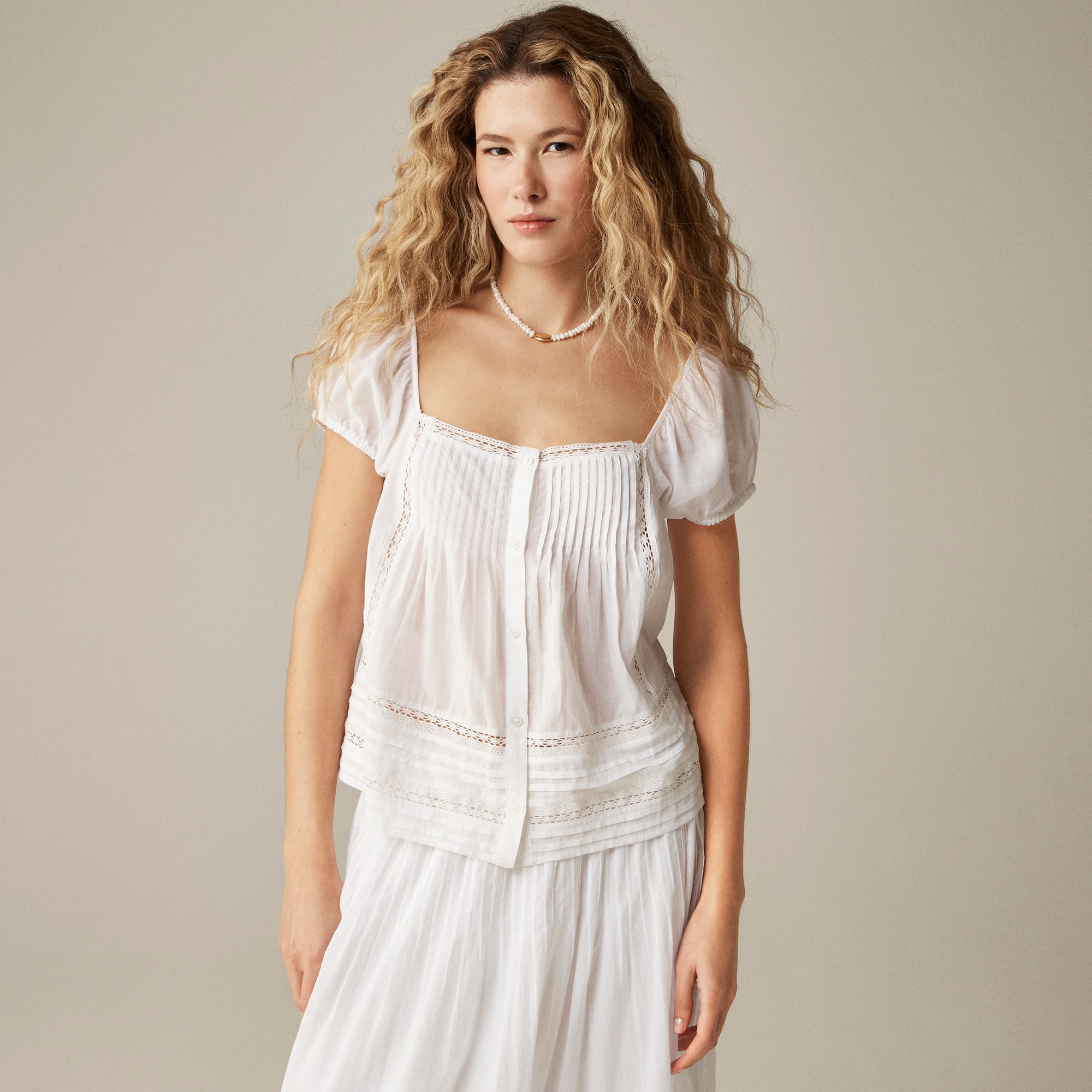  Cap-sleeve lace-trim top in cotton voile