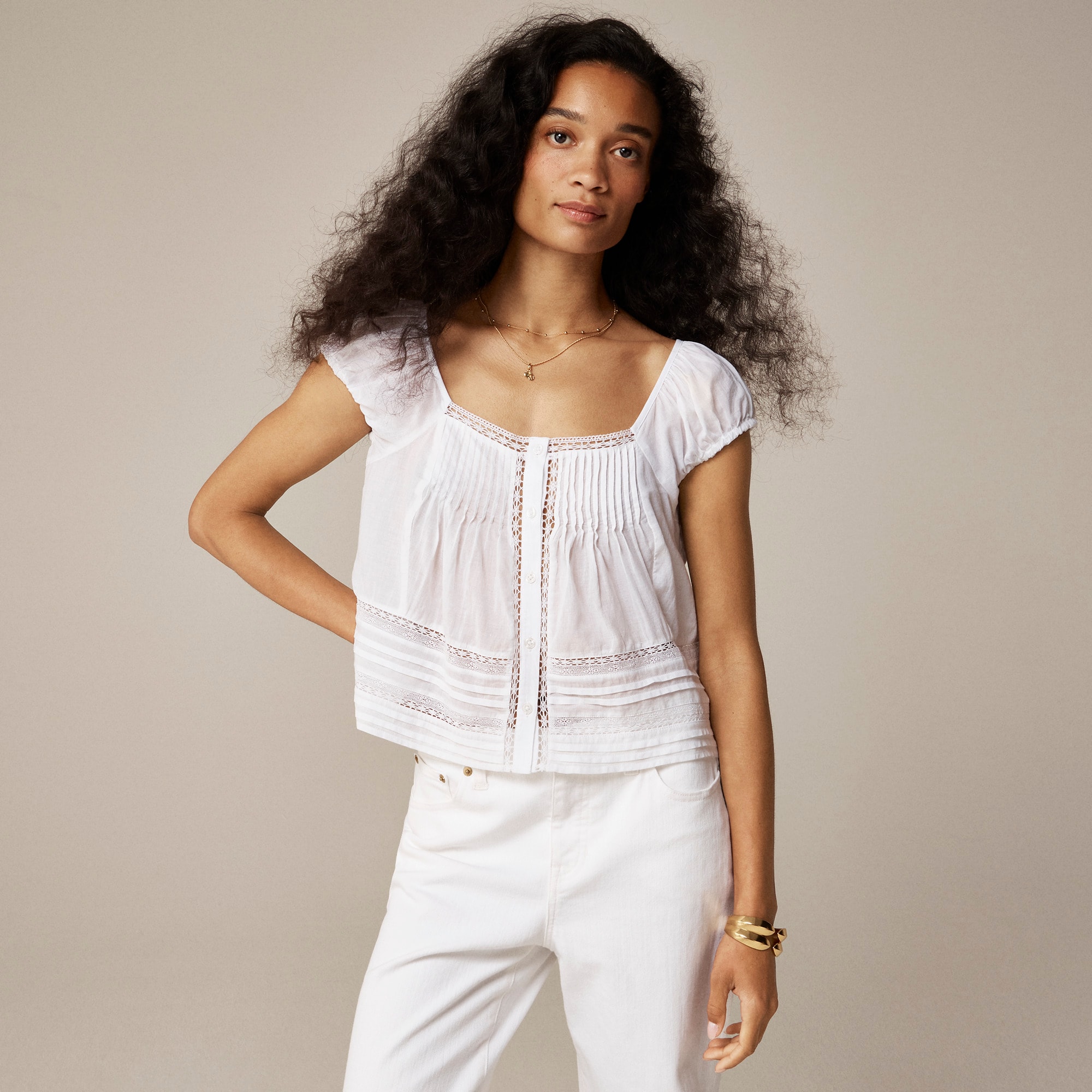 Cap-sleeve lace-trim top in cotton voile
