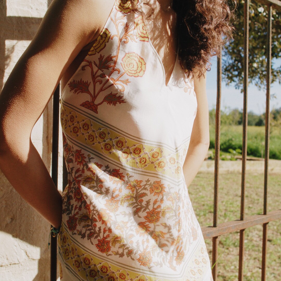 Open-back halter top in sunset rose block print