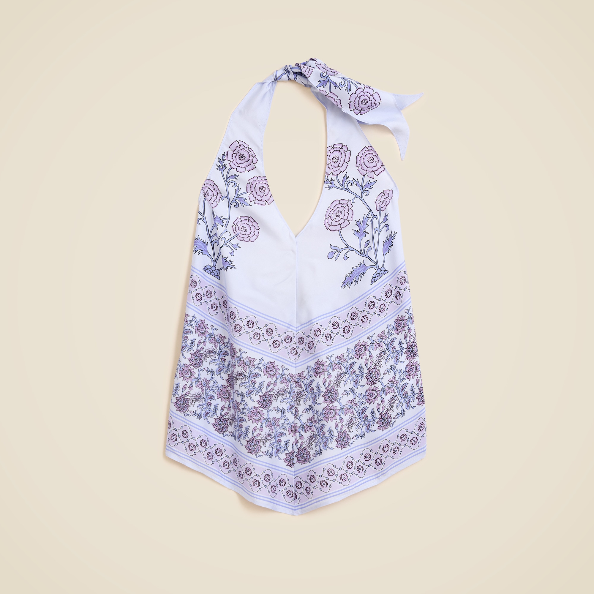 womens Open-back halter top in sunset rose block print