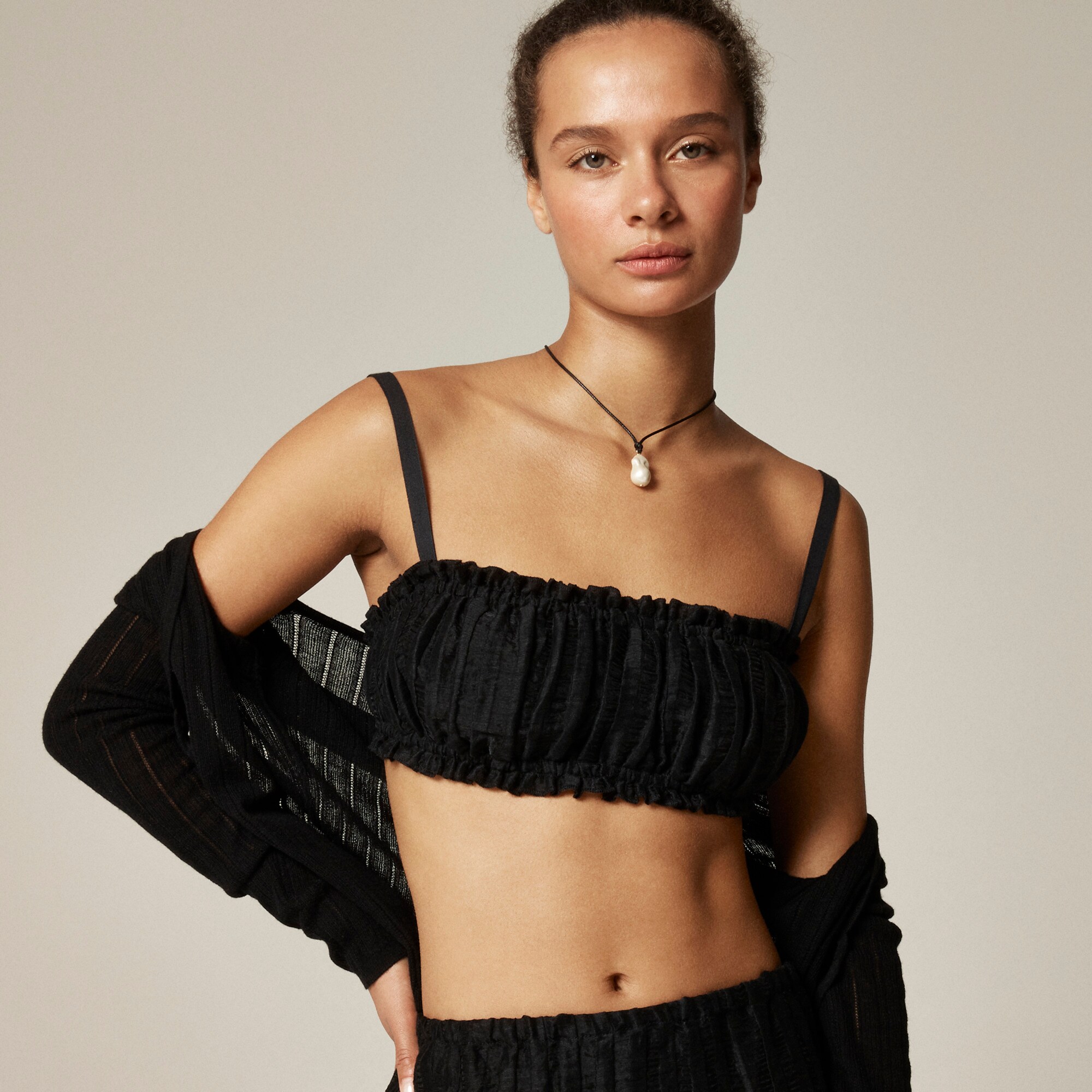 Gathered linen-blend bra top