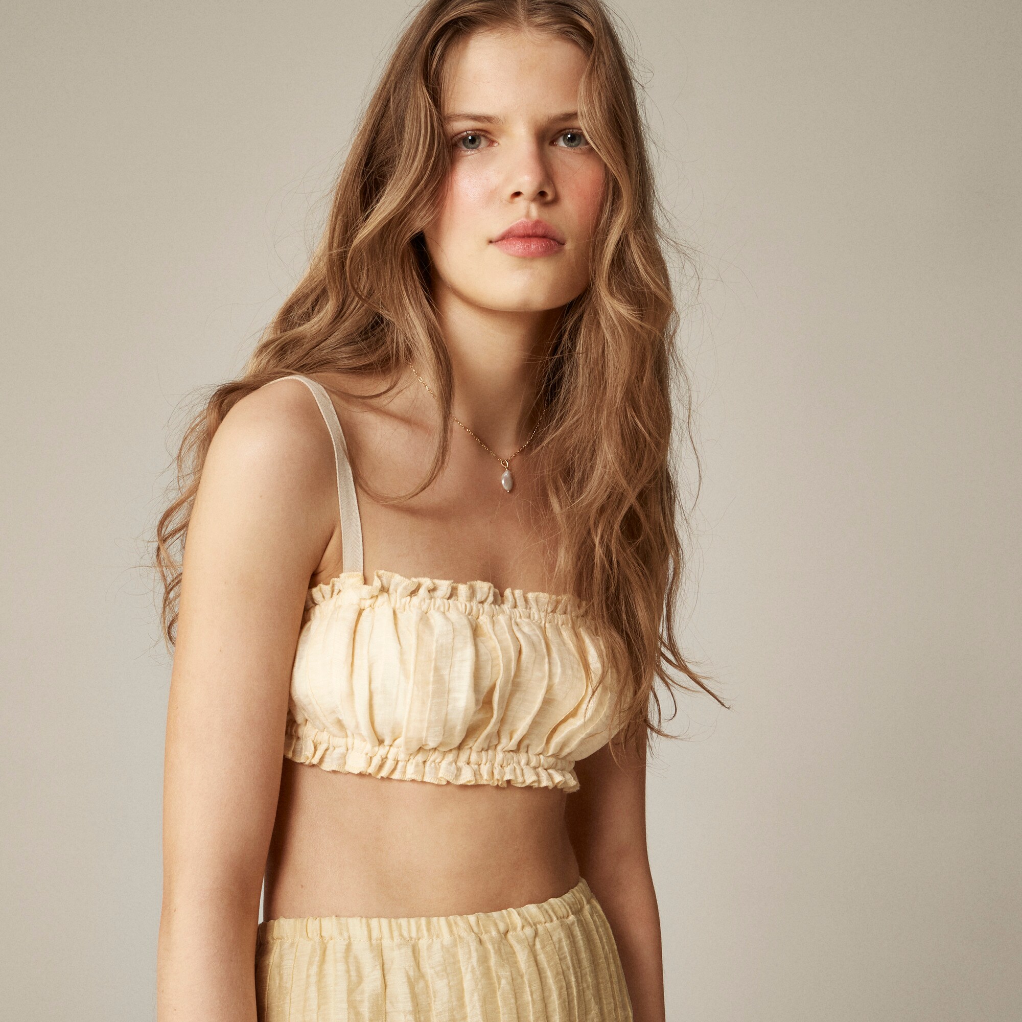 Gathered linen-blend bra top