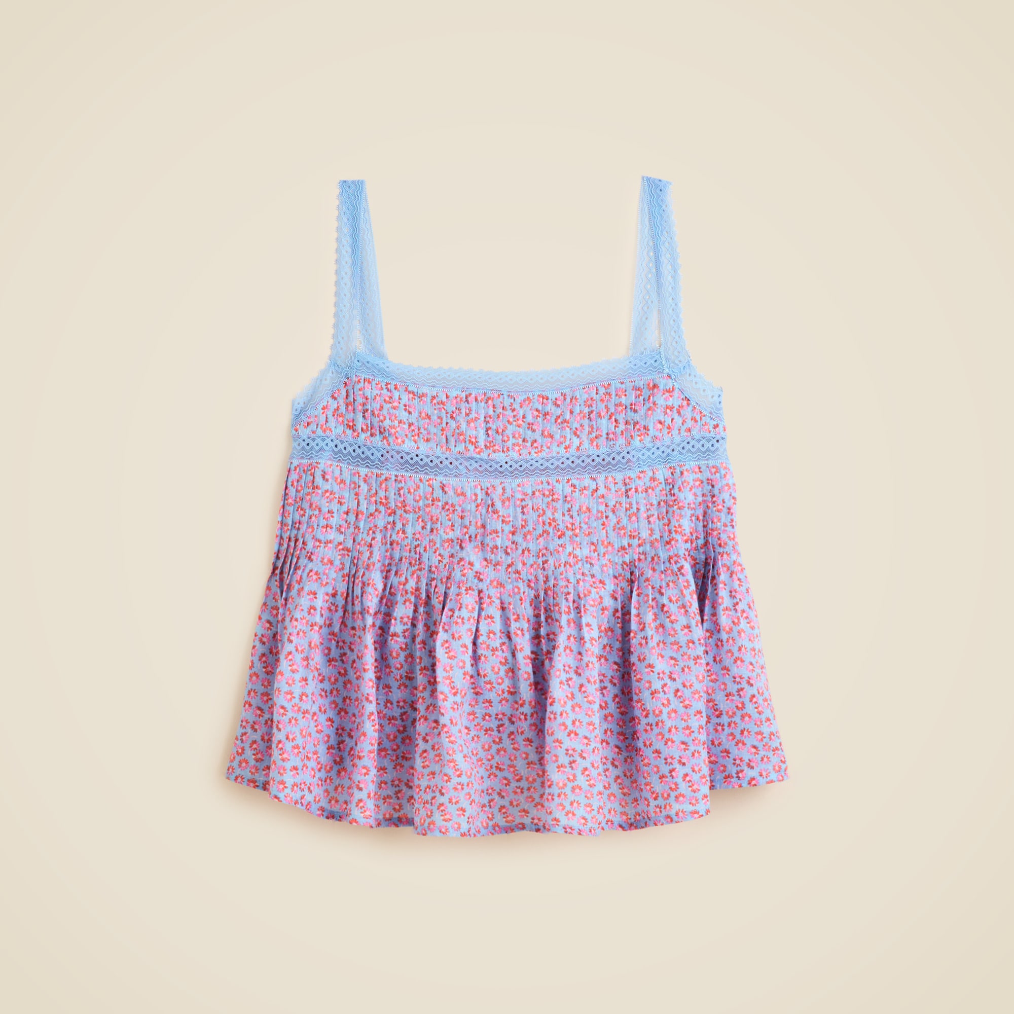 Lace-trim tank top in summer fields-print ramie
