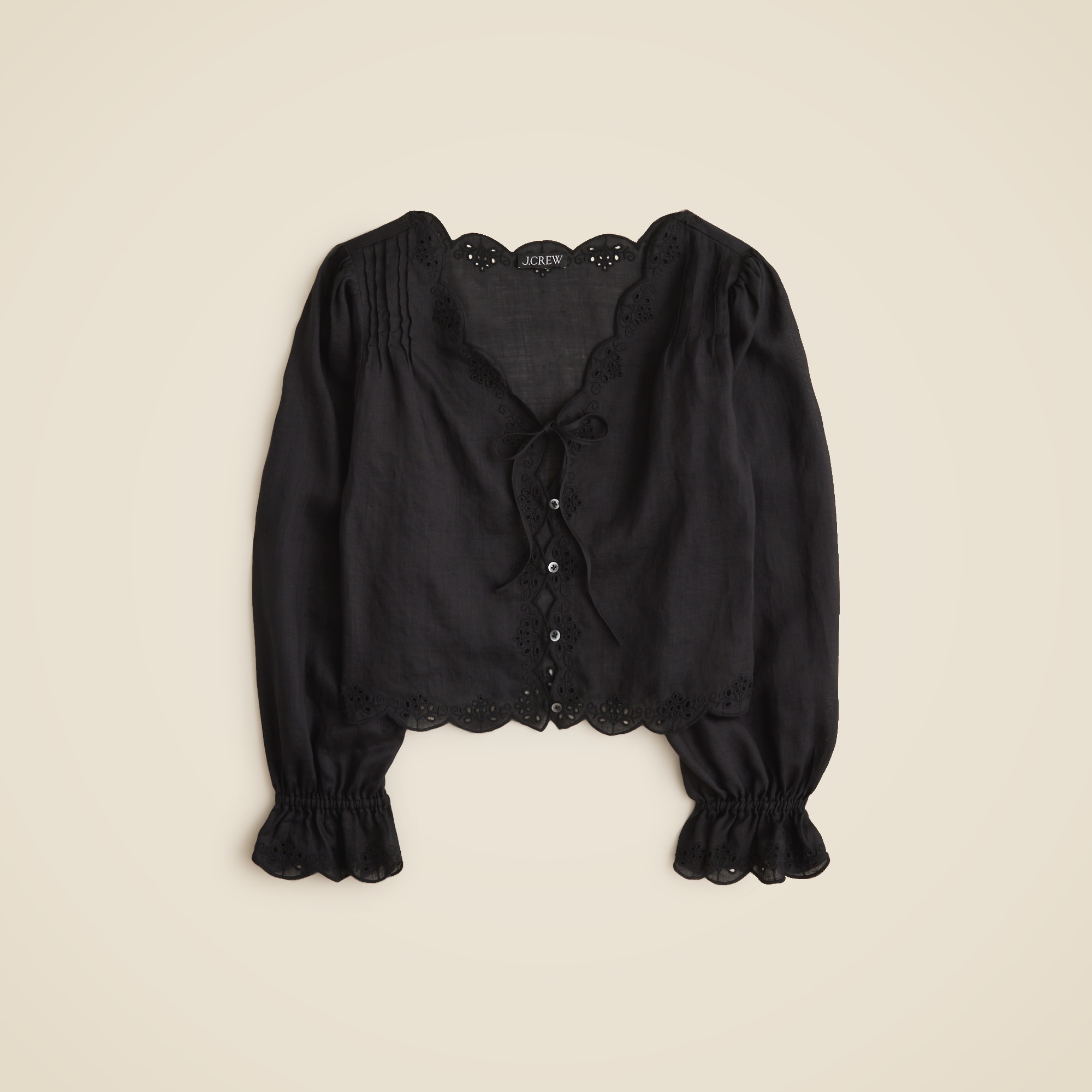 Scallop-trim tie-front top in ramie