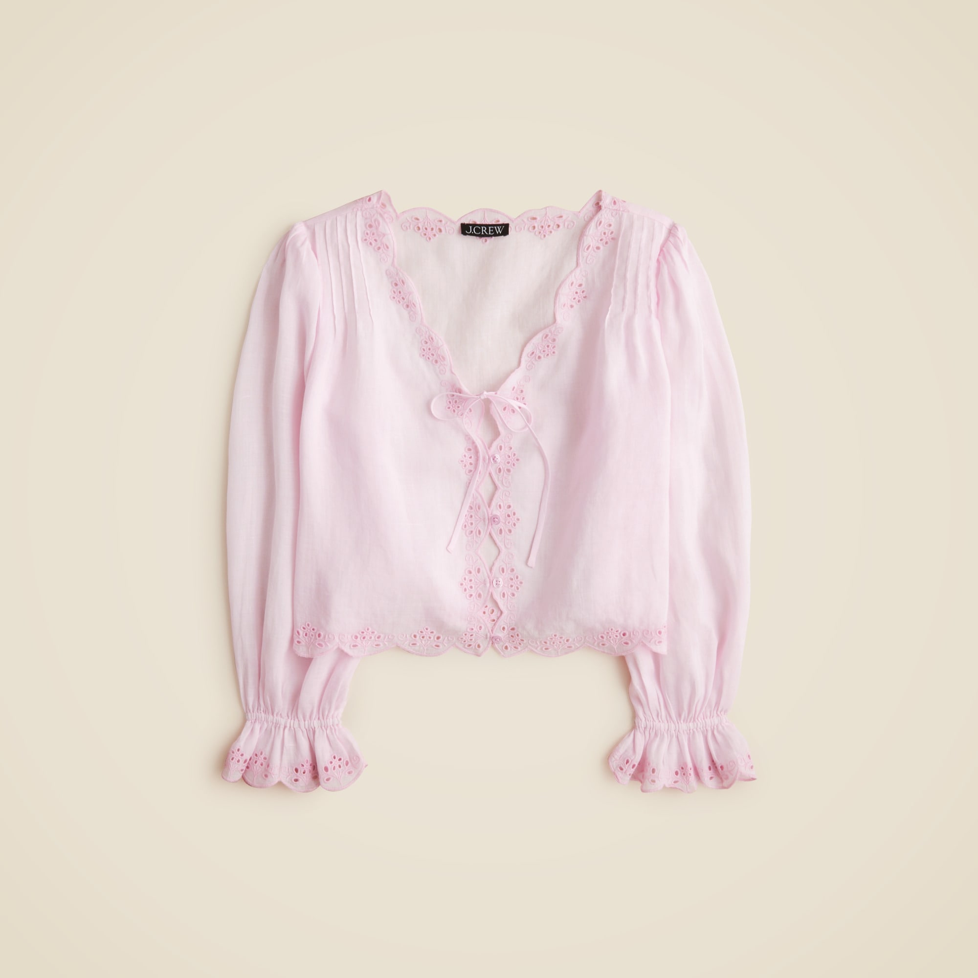 Scallop-trim tie-front top in ramie