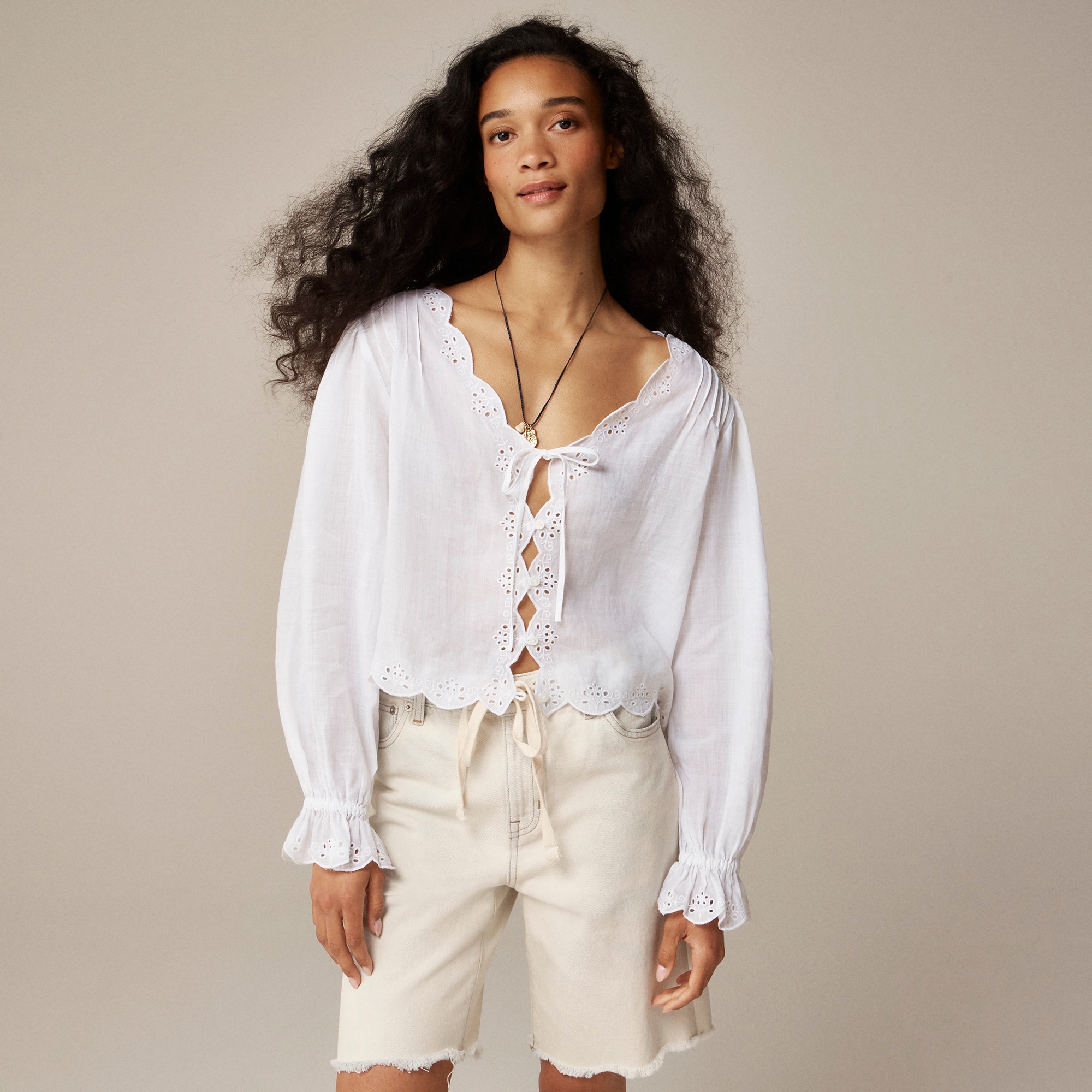  Scallop-trim tie-front top in ramie