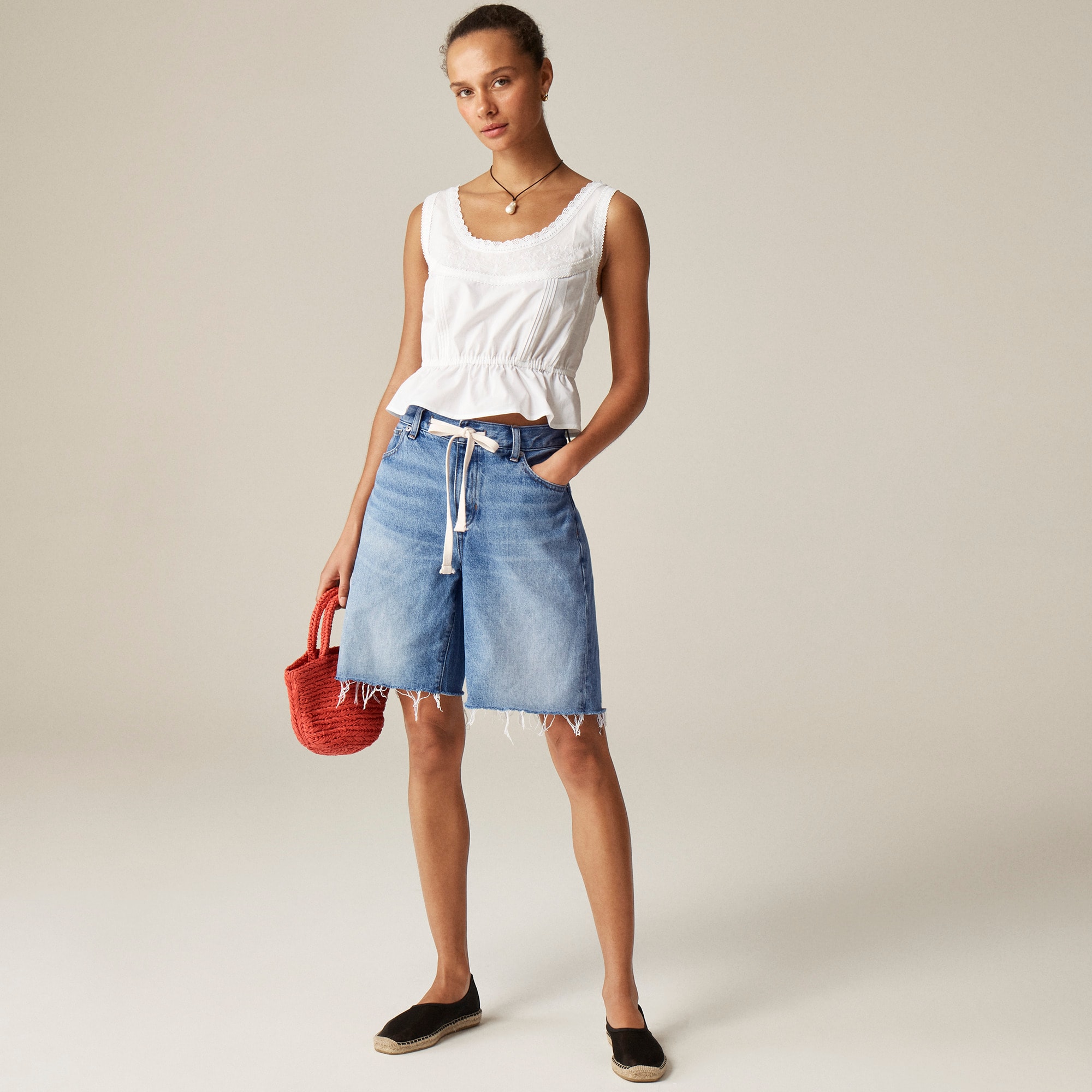 womens Relaxed knee-length denim short with tie