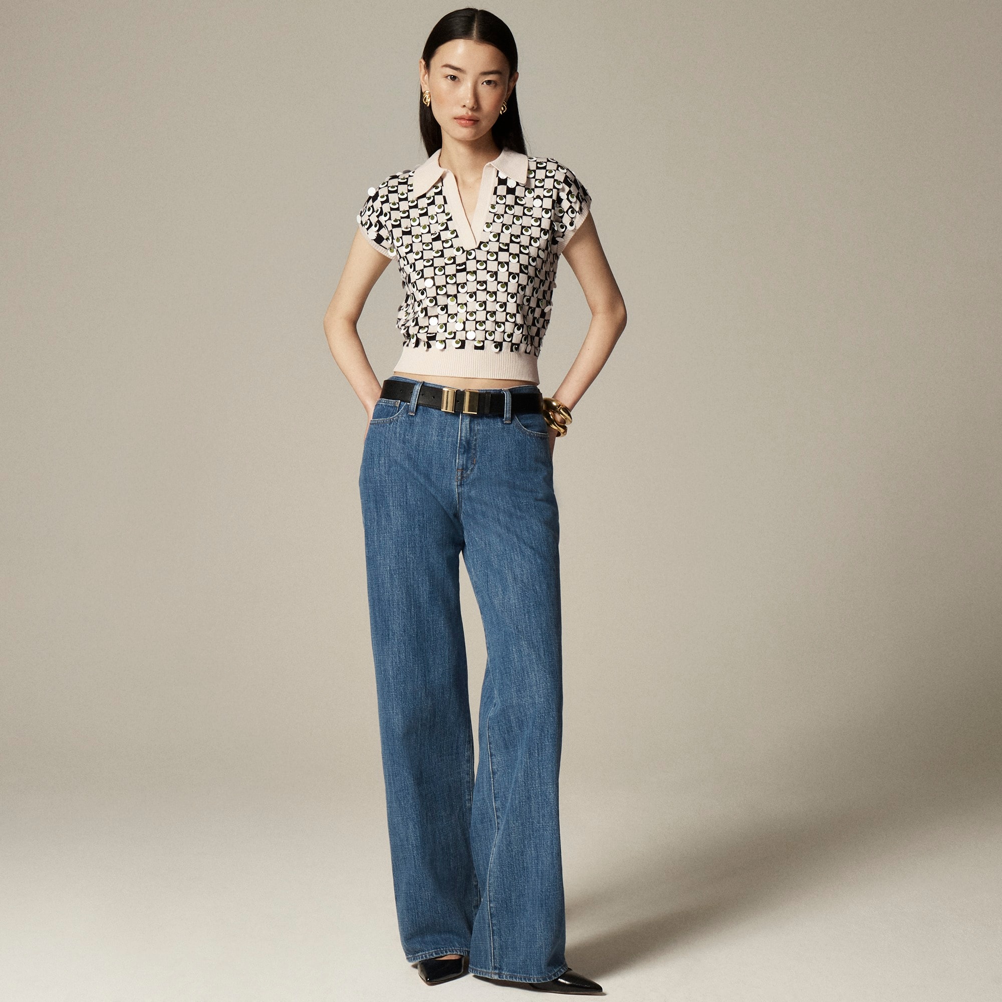 Collection embellished johnny-collar sweater