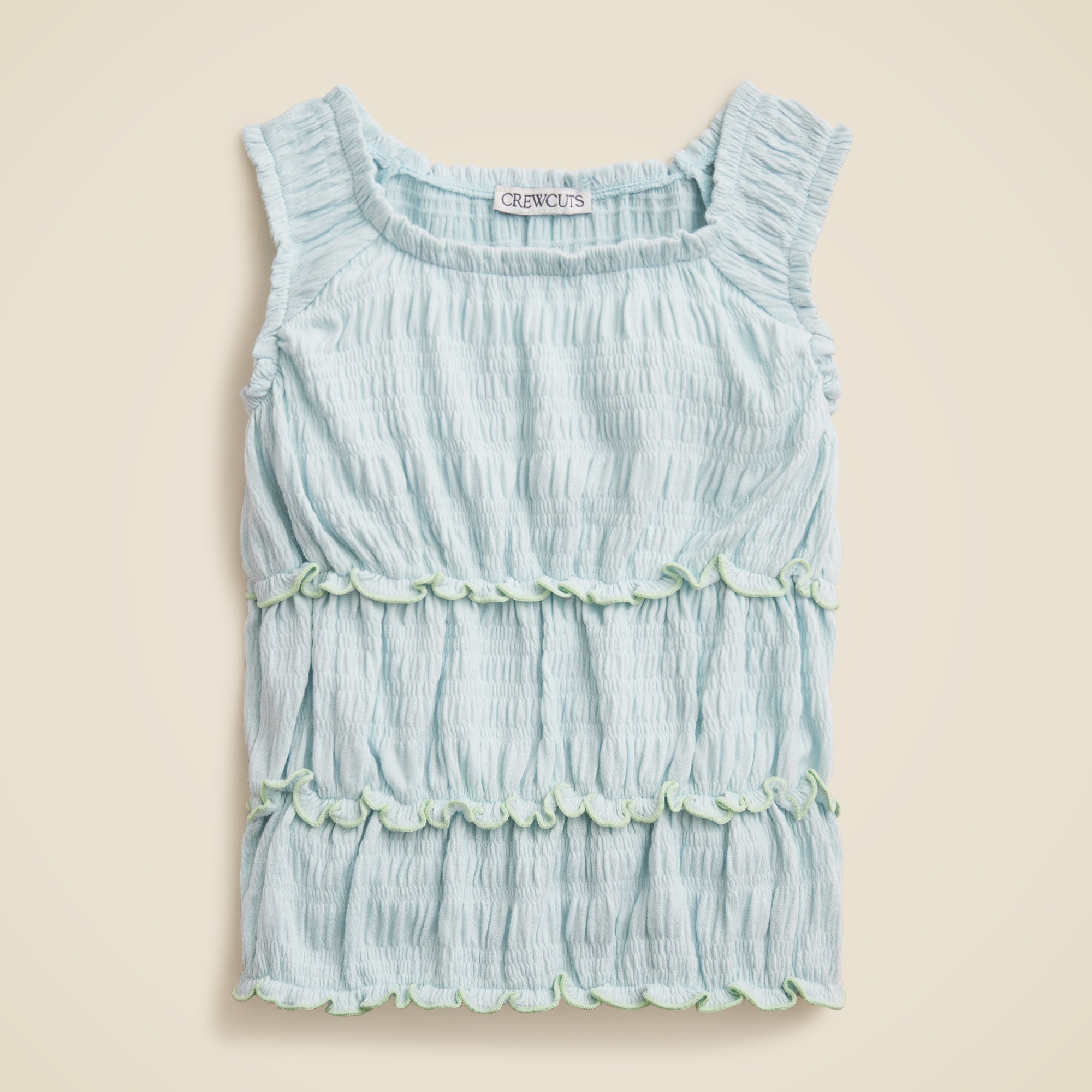 Girls' smocked lettuce-edge tank top in crinkled jersey