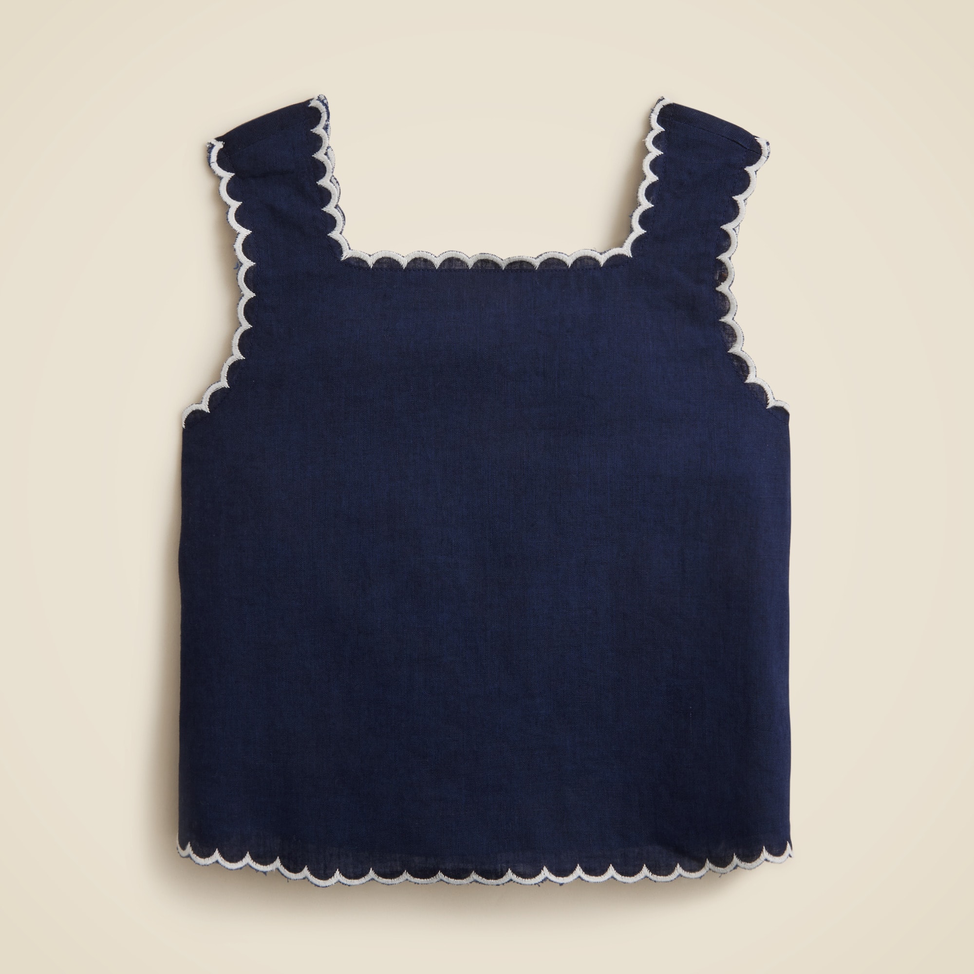 Girls' scallop-trim tank top in linen-cotton blend