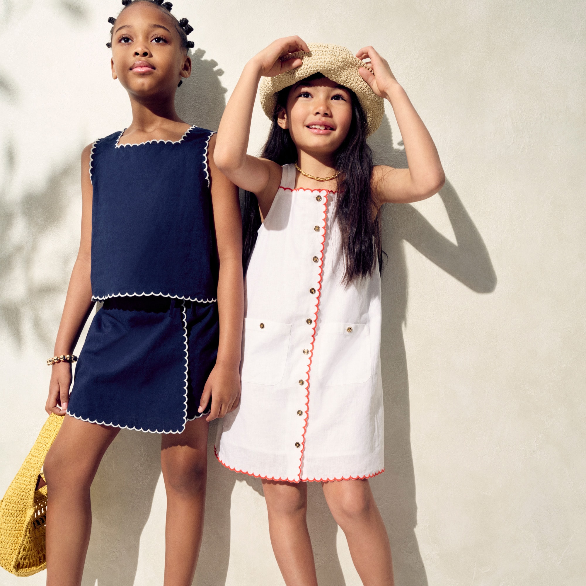 girls Girls' scallop-trim tank top in linen-cotton blend