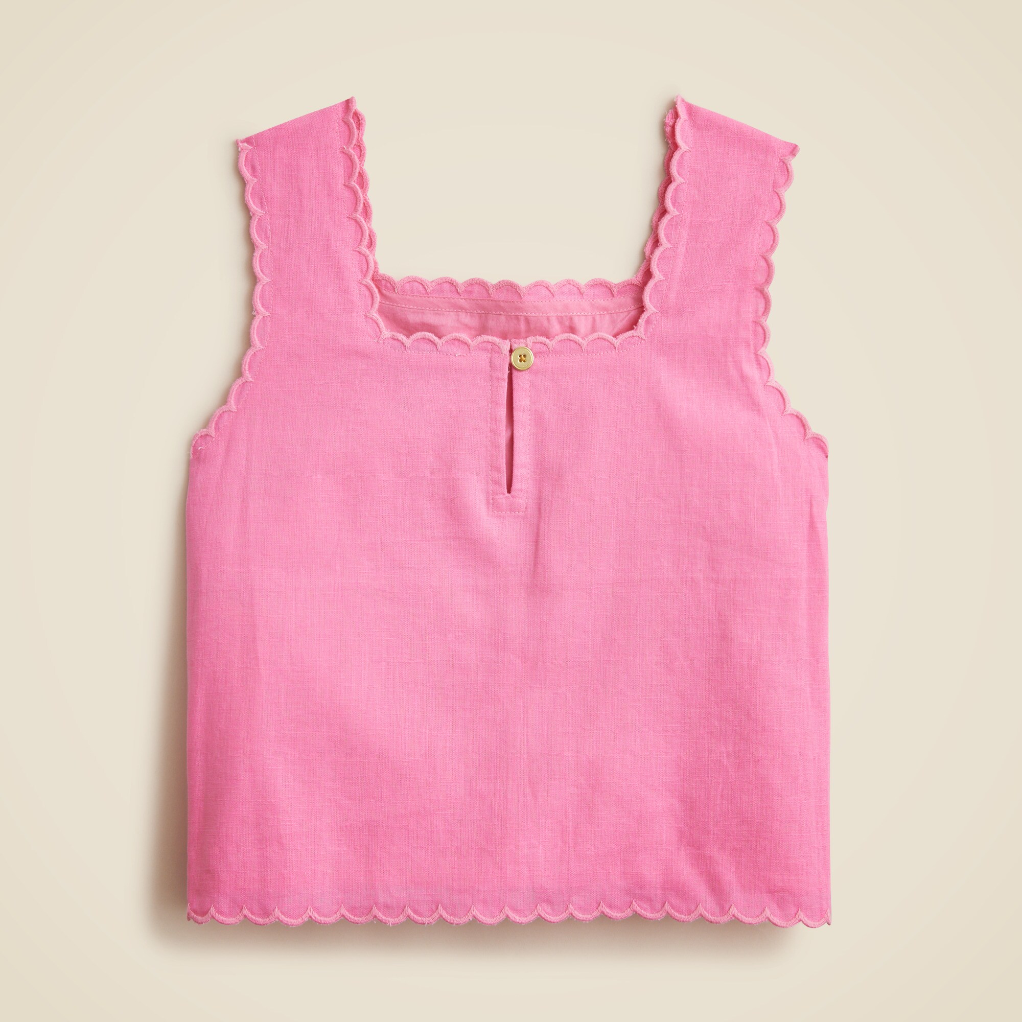 Girls' scallop-trim tank top in linen-cotton blend