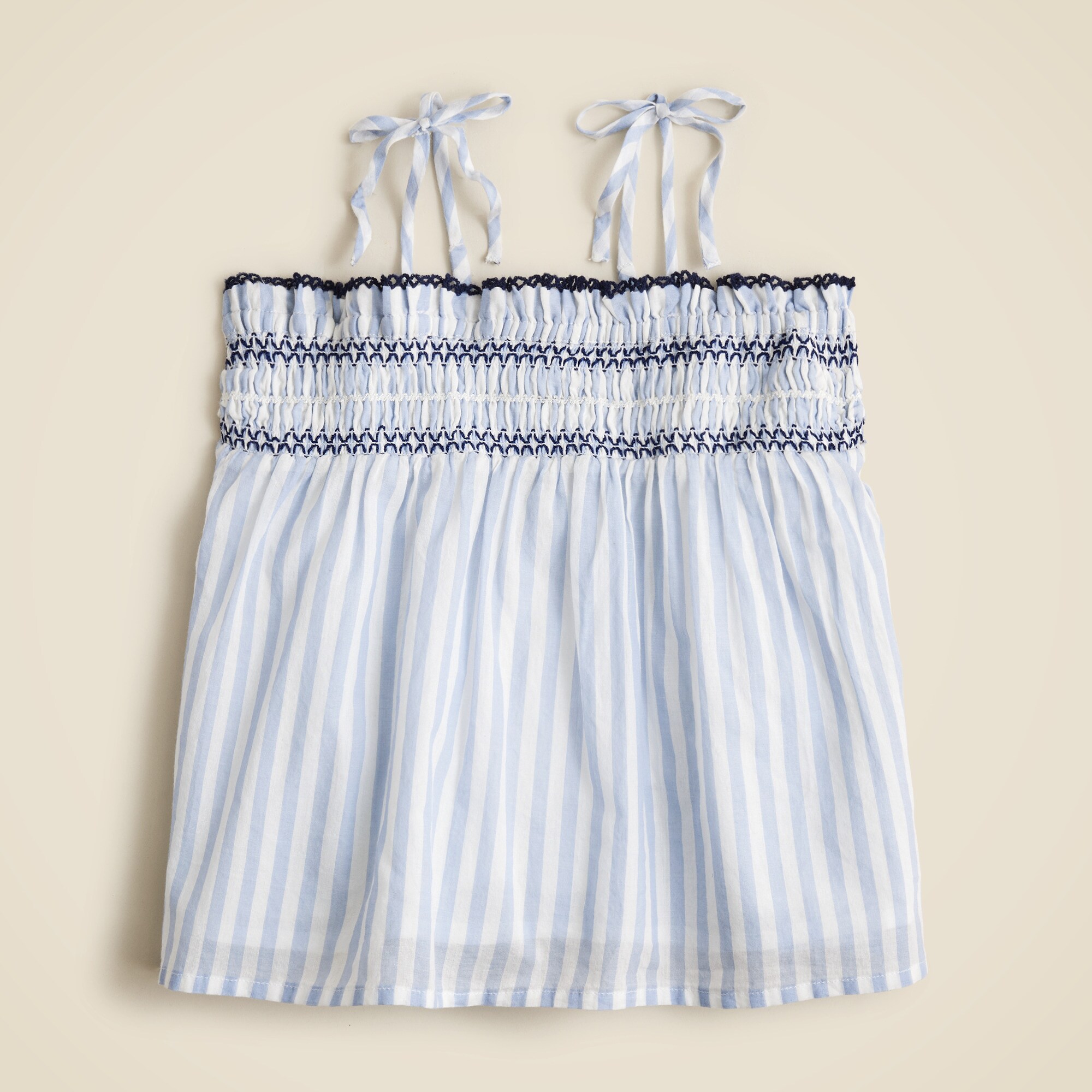  Girls' tie-shoulder smocked tank top in cotton voile stripe